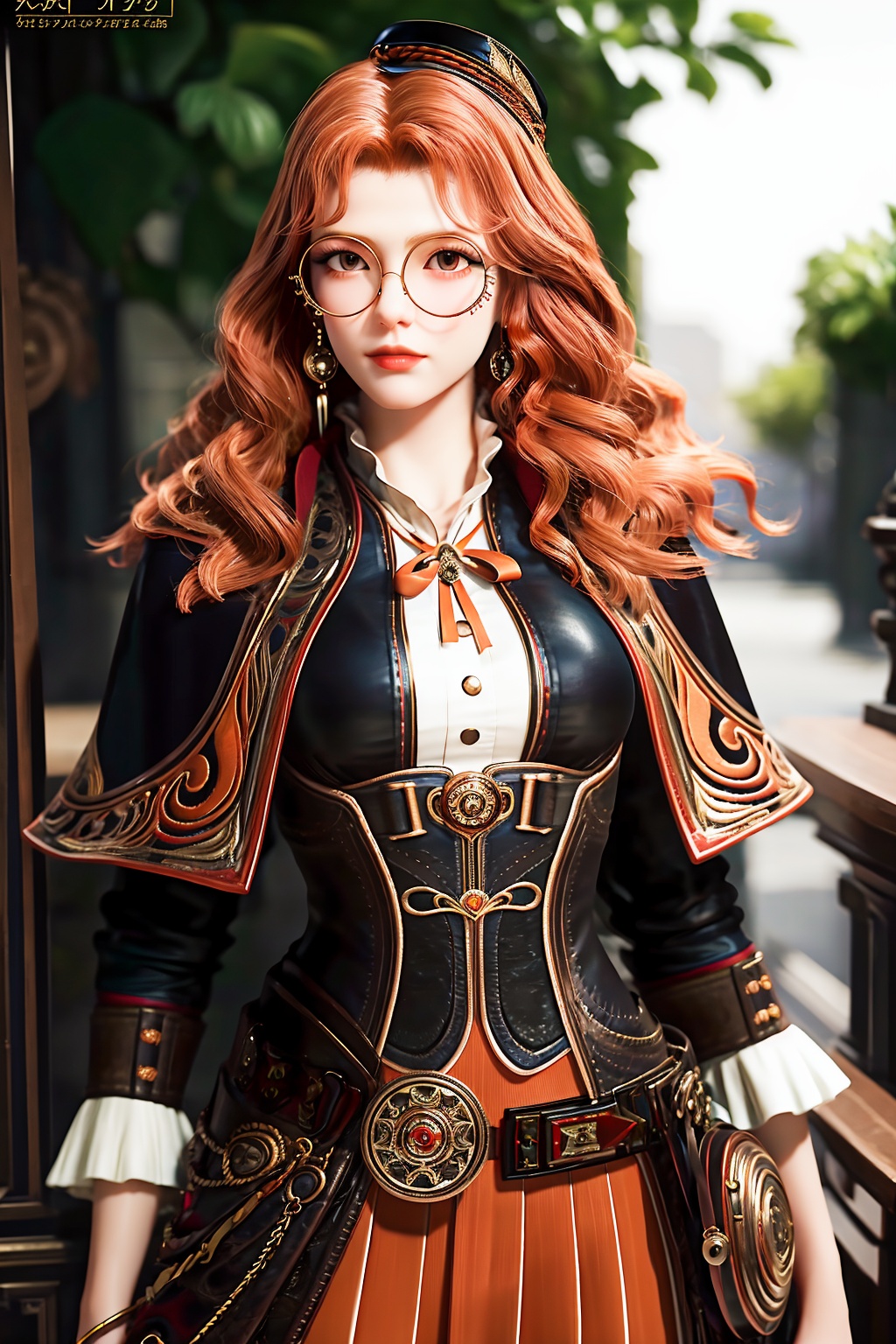 (best quality,masterpiece:1.2),ultra detailed,8k,RAW photo,realistic,photorealistic,ultra-detailed,intricate detail,extremely detailed,delicate pattern,looking at viewer,<lora:C_绝世唐门_橘子_JUNE:0.7>,1girl,solo,juzi,hat,glasses,long hair,jewelry,earrings,curly hair,wavy hair,round eyewear,mini hat,orange hair,belt ribbon,capelet,long sleeves,corset,standing,