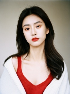film grain analog photography,1girl, asian woman red sweater white top, soft flawless pale skin, open v chest clothes, female chinese idol portrait, square-shaped neckline, 20 years old, thin coat, glossy lips,