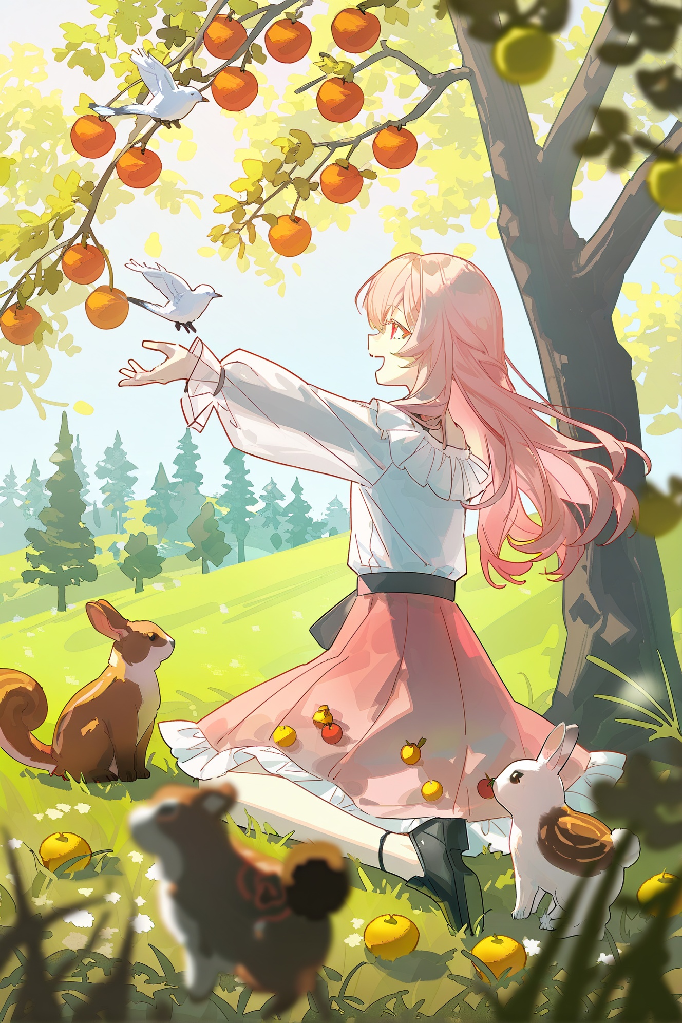 xuancaimofa,1girl, long hair, bird, outdoors, sitting, tree, skirt, pink hair, grass, squirrel, day, dress, red eyes, blurry, smile, wariza, fruit, outstretched arms, open mouth, black footwear, solo, shoes, white shirt, blurry foreground, shirt, animal, long sleeves, rabbit, very long hair, food, pink skirt, red skirt, frills