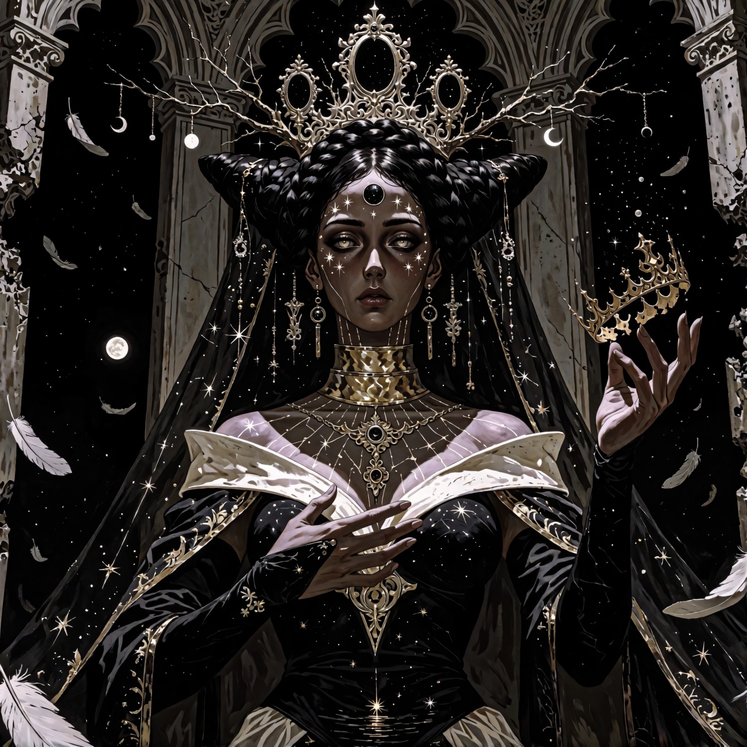 A darkly regal waist-up portrait of a celestial queen whose beauty feels preserved from a civilization that vanished befor...