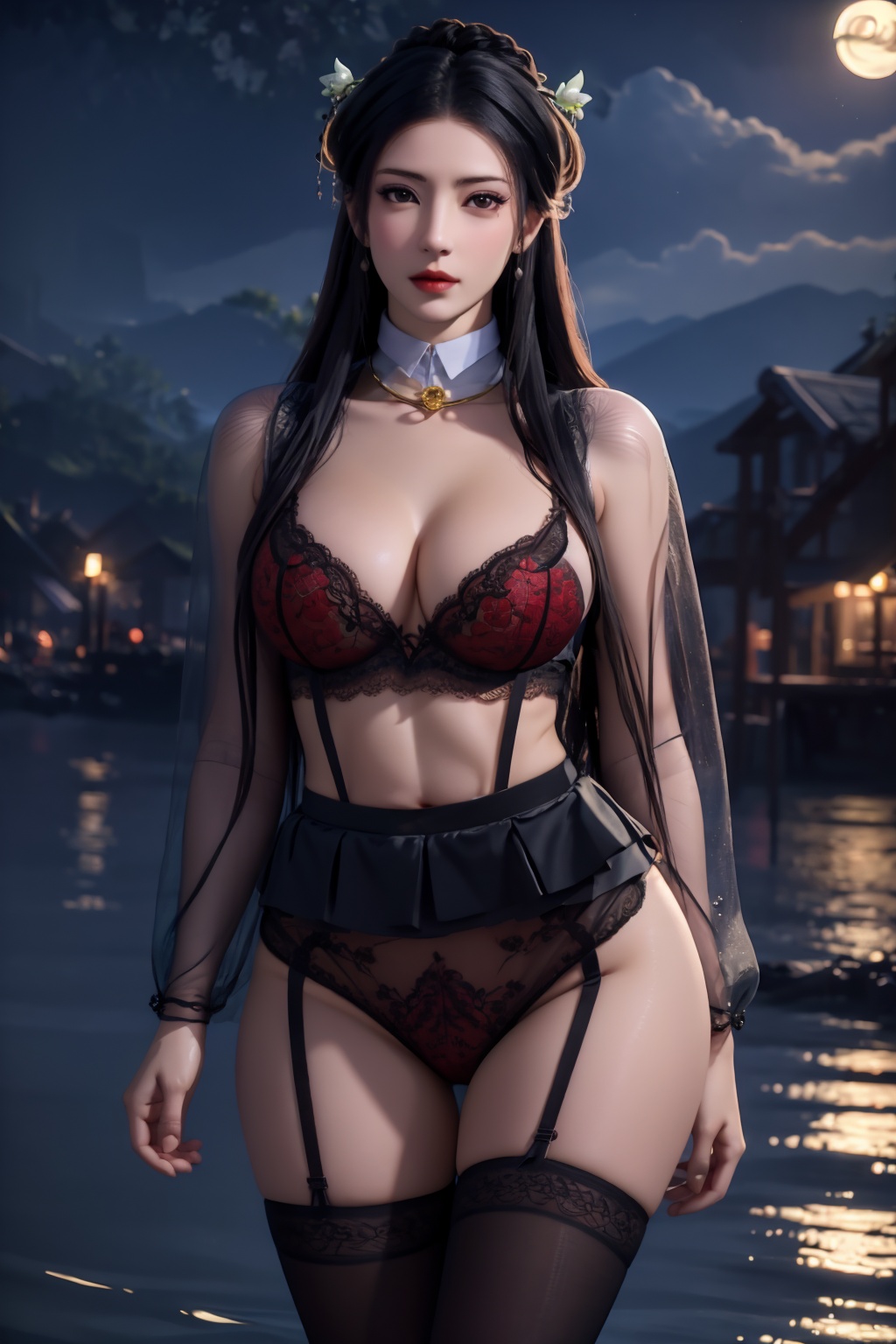 standing,flower,full_moon,moon,night,lily_pad,lotus,moonlight,nipples,water,night_sky,lily_\(flower\),sky,partially_submerged,1girl,solo,hair ornament,long hair,realistic,nail polish,photo_\(medium\),(huge breasts, cleavage),makeup,(8k, RAW photo, best quality, masterpiece:1.2),(realistic, photorealistic:1.3),ultra-detailed,extremely detailed cg 8k wallpaper,(crystalstexture skin:1.2),extremely delicate and beautiful,(sexy pose:1.2),wearing edgHL,see-through,thighhighs,sexy lingerie,(huge breasts:1.2),antlers,silk,thin transparent silk,torn pantyhose,