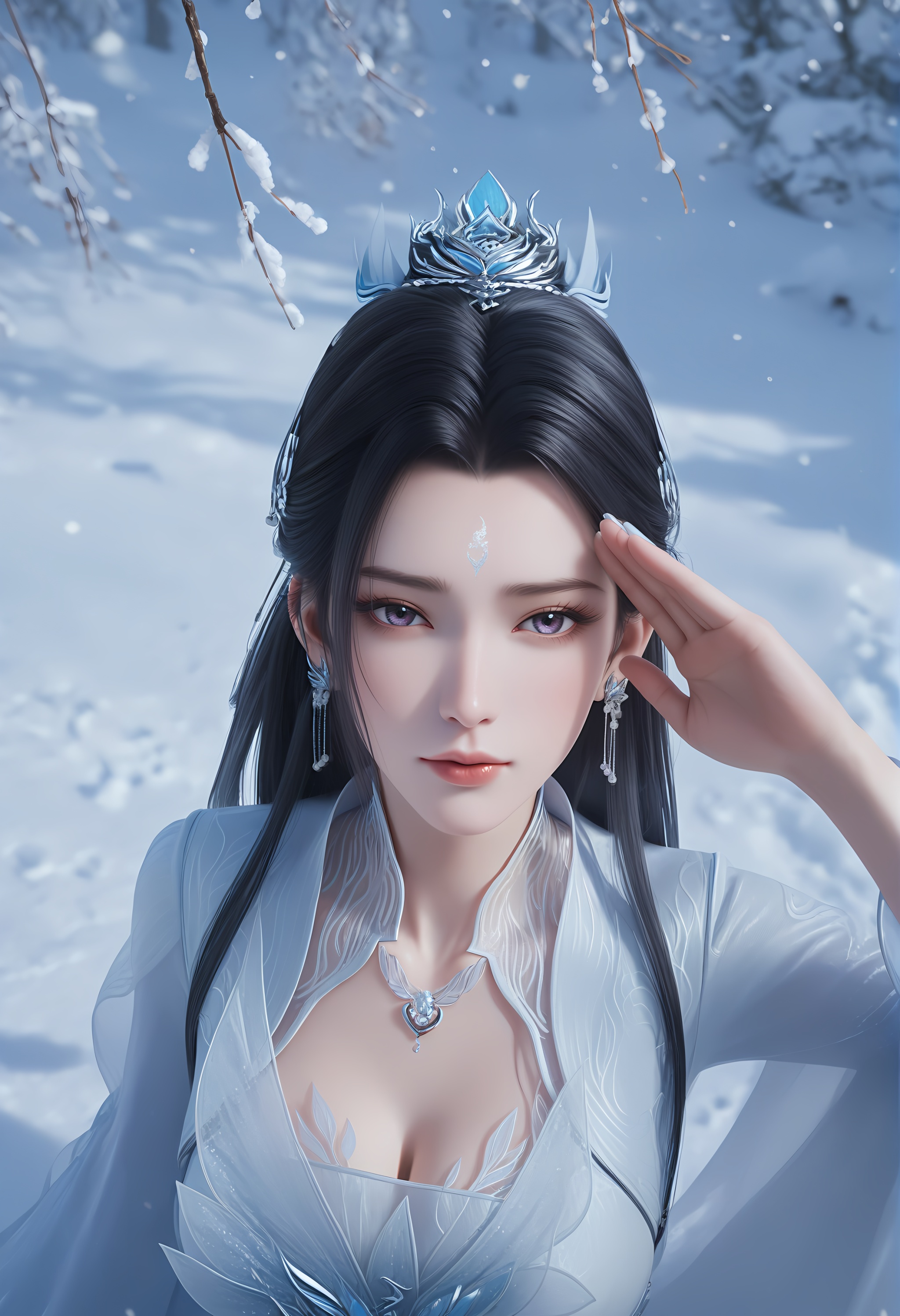 (score_9),<lora:陆雪琪2-Apony-000008:0.82>,luxueqi,1girl,solo,long hair,black hair,hair ornament,hair bun,updo,earrings,forehead mark,dress,jewelry,necklace,hair ribbon,belt,<lora:Expressive_H-000001:0.8>,light blush,front view,from above,salute,one side up,mature female,collarbone,pointy breasts,puffy breasts,cleavage,<lora:e肤色滑块:0.35>,fair_skin,(pale_skin),(white_skin),light skin,ultra-detailed skin texture,detailed textures,BREAKsimple background,in snow,Tyndall effect,available light,depth of field,tree,snowflakes,branch,twig,<lora:e色温:0.35>,4K ultra HD,sharp focus,high detail,natural lighting,high contrast,