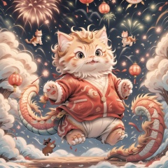 The front is a fat cat,it is jumping,wish you a happy New Year,a dragon in the background,<lora:红色背景_1:1>,<lora:add_detail:1>,<lora:myz-System.Byte[]:1>,