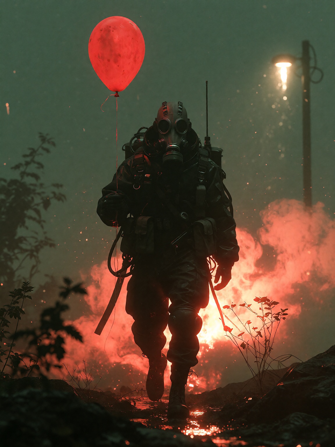 lone figure in a gas mask and bulky gear holding a bright red balloon,  walking through dense toxic green fog,  intense wa...