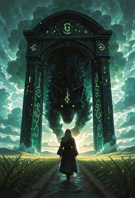 Color-grain Summer scene of a woman with billowing Long Hair Walking through a vast Green meadow Landscape with to a giant open door with a deep black abyss Grabbling Out of it resembling a stargate, veiled in a DARK robe resembling a jedi, very detailed, sunrise behind fluffy Clouds with extrem volumetric lighting backdrop, atmospheric haze, Film grain, cinematic film still, shallow depth of field, highly detailed, high budget, cinemascope, moody, epic,