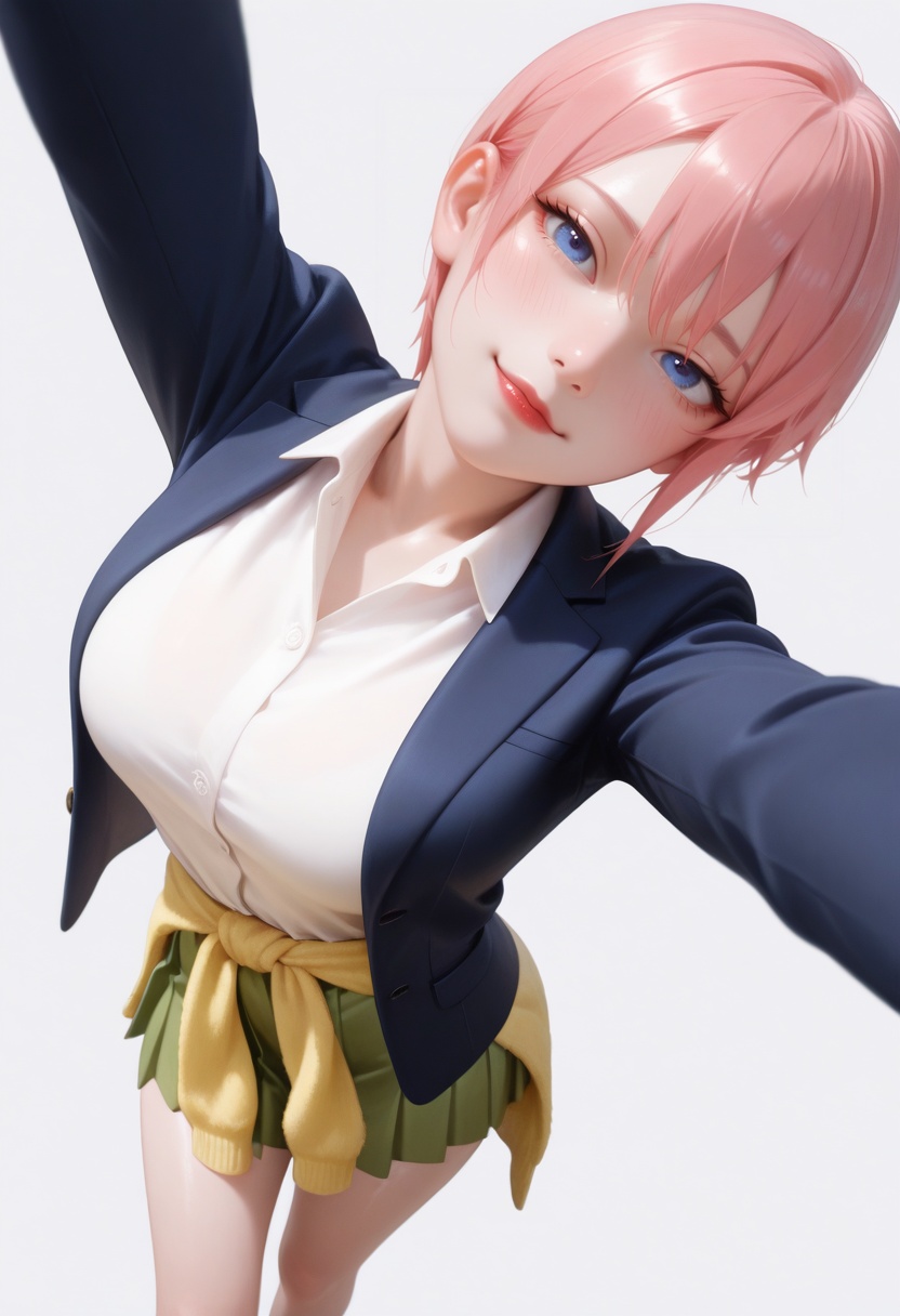 masterpiece,best_quality,(realistic:1.2),photorealistic,amazing quality,very aesthetic,absurdres,vibrant,newest,perfect body,detailled body,fair skin,pale_skin,velvet skin,curvy body,voluptuous body,skindentation,narrow waist,wide hips,full bust,curved silhouette,S-curve body,wide pelvis,slim legs,long legs,wide_shot,perfect hands,extreme aesthetic,masterful details,with a high end texture,in the style of fashion photography,Visual impact,impactful picture,offcial art,simple_background,rich_gray background wall,gray background,(hand close-up,from above,selfie,outstretched arm,foreshortening,reaching towards viewer,looking at viewer,looking up,contrapposto:1.2),head tilt,smug,V,1girl,young woman,solo,bright red lips,knee_blush,<lora:ChamNakanoIchikaIllustriousXL:1>,NknIchik,blue eyes,pink hair,short hair,IchkDef, blue eyes, pink hair, short hair, dress shirt, white shirt, dark blue blazer, open blazer, green skirt, yellow sweater around waist