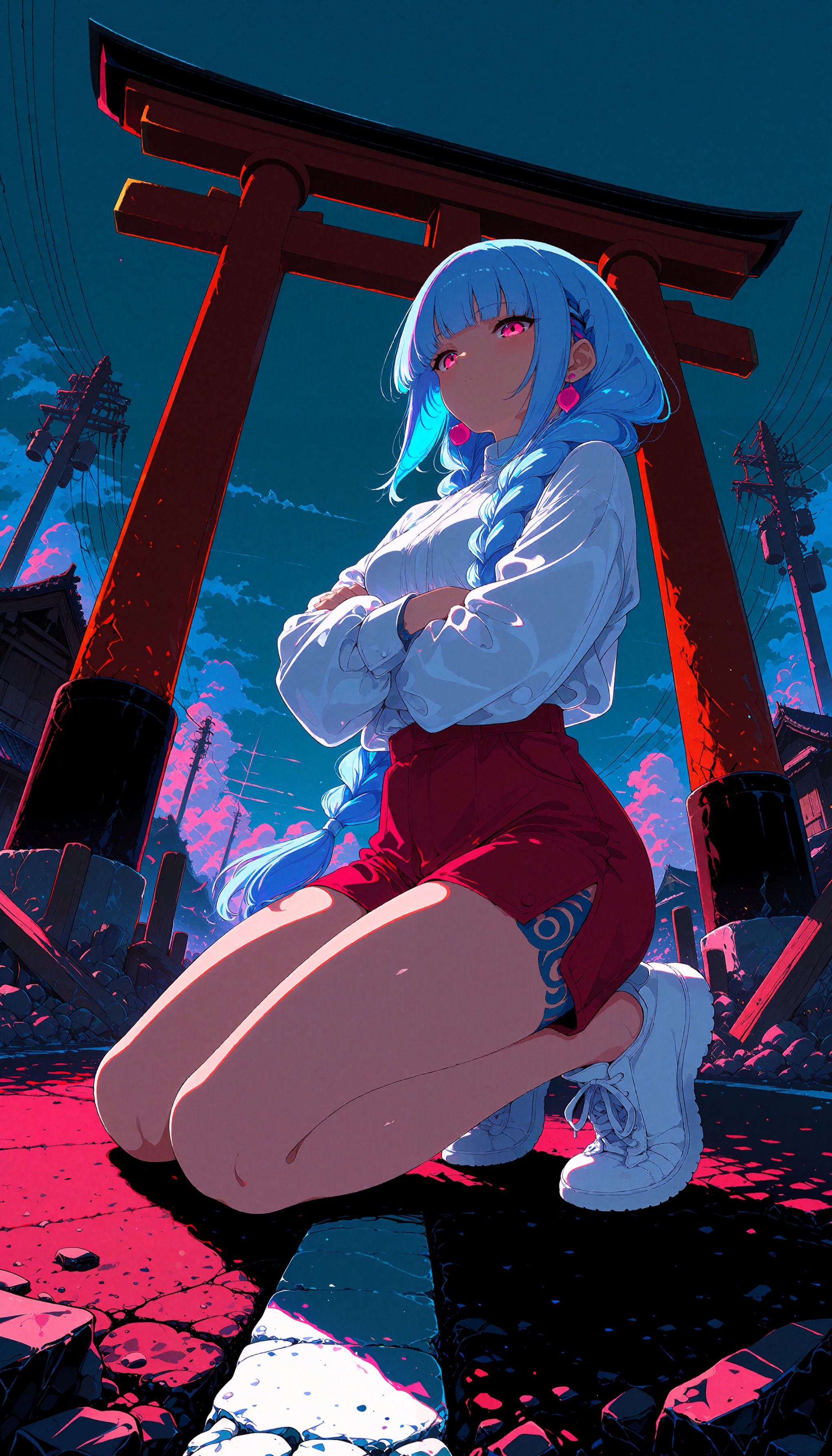 Blue-haired anime girl with striking pink eyes kneels firmly on cracked asphalt street,  arms tightly crossed over her che...
