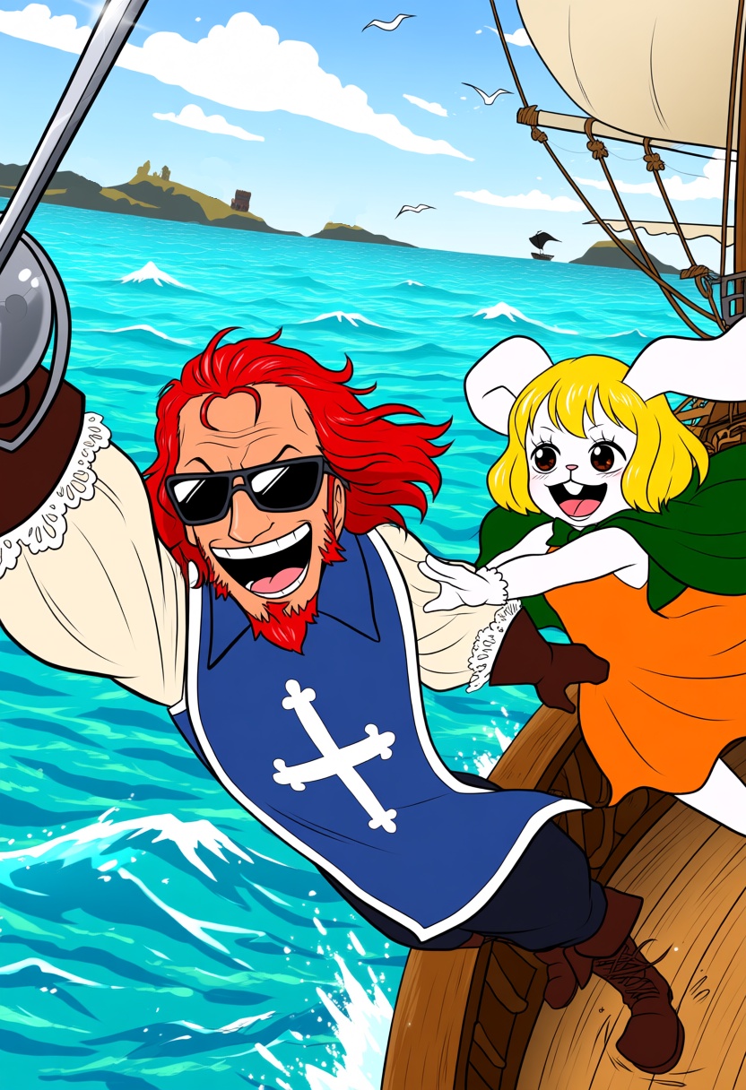 @1014gns. A dynamic adventure composition captures d00d2an1m and Carrot from One Piece engaged in enthusiastic swashbuckli...