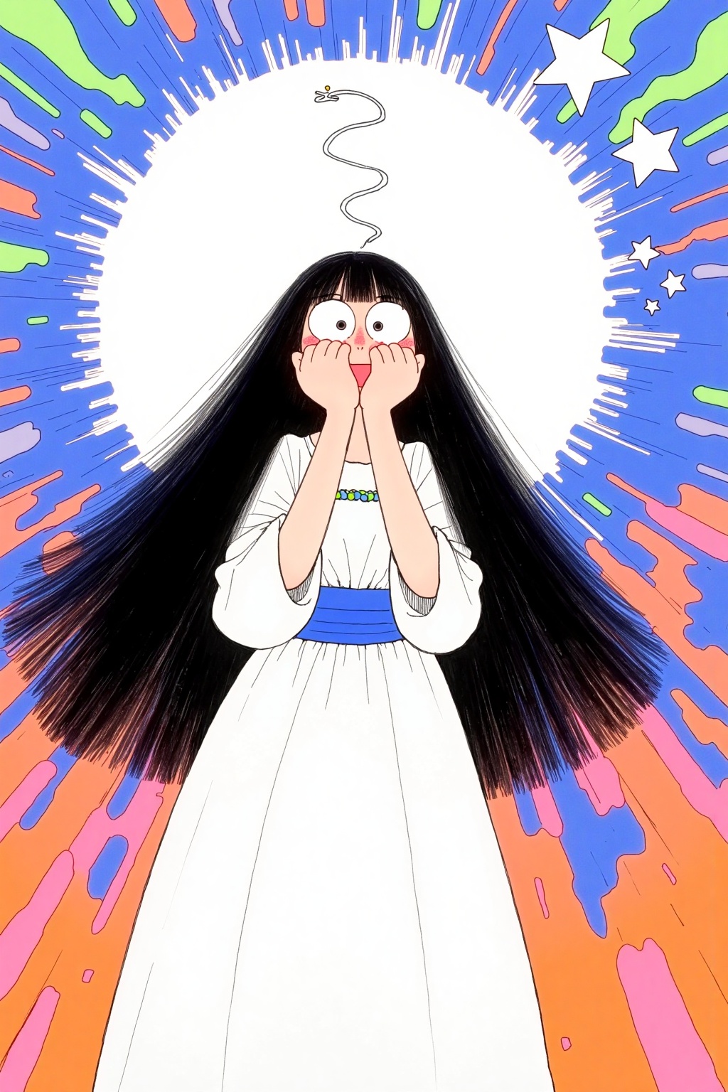 beijihui,A cartoon drawing of a woman with long black hair,a white dress,and a blue belt around her waist is seen in front of a colorful background. The woman's face is covered by her hands,and her eyes are wide open. Above her head is a white circle with a wavy line coming out of it,and there are white stars in the top right corner of the image.,