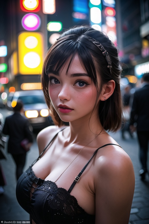 Tilt-shift photo of 1girl,  Tokyo street,  night on Tensor.Art