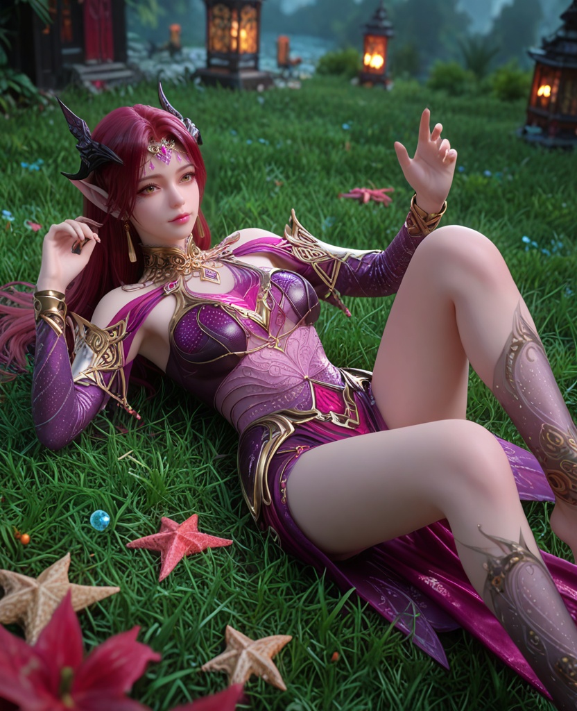 (oriental architecture, elegant decor, sophisticated style:1.1),(Lying on a grassy hill, arms spread out, looking like a starfish and enjoying the sun,:1.1),(breasts:1.2),<lora:XL百炼成神剑灵妖夜:0.9>,miss yaoye,long hair,jewelry,red hair,pointy ears,armor,earrings,horns,hair ornament,breasts,barefoot,socks,yellow eyes,lips,elf,, zPDXL2, score_9, score_8_up, score_7_up BREAK realistic, masterpiece,best quality, highly detailed,, zPDXL3, zPDXL2,zPDXL, zPDXLxxx, zPDXLrl,