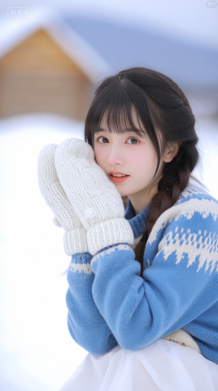 The image is a portrait of a young woman sitting in the snow. She is wearing a blue and white patterned sweater and white mittens. Her long dark hair is styled in loose waves and she is looking directly at the camera with a slight smile on her face. The background is blurred, but it appears to be a snowy landscape with a wooden cabin in the distance. The overall mood of the image is peaceful and serene., Negative prompt: ng_deepnegative_v1_75t,(badhandv4:1.2),EasyNegative,(worst quality:2),,nsfw, Steps: 27, Sampler: Euler, CFG scale: 3.5, Seed: 73818383, Size: 928x1664, Model hash: 98763a1277, Model: Qwen-Image_1.0.safetensors, Denoising strength: 0, RNG: CPU, Lora 1: Qwen | 极致真实写实人像-时尚摄影, Lora Hash 1: 25cb5bc410, Lora Weight 1: 0.89, vae_name: automatic