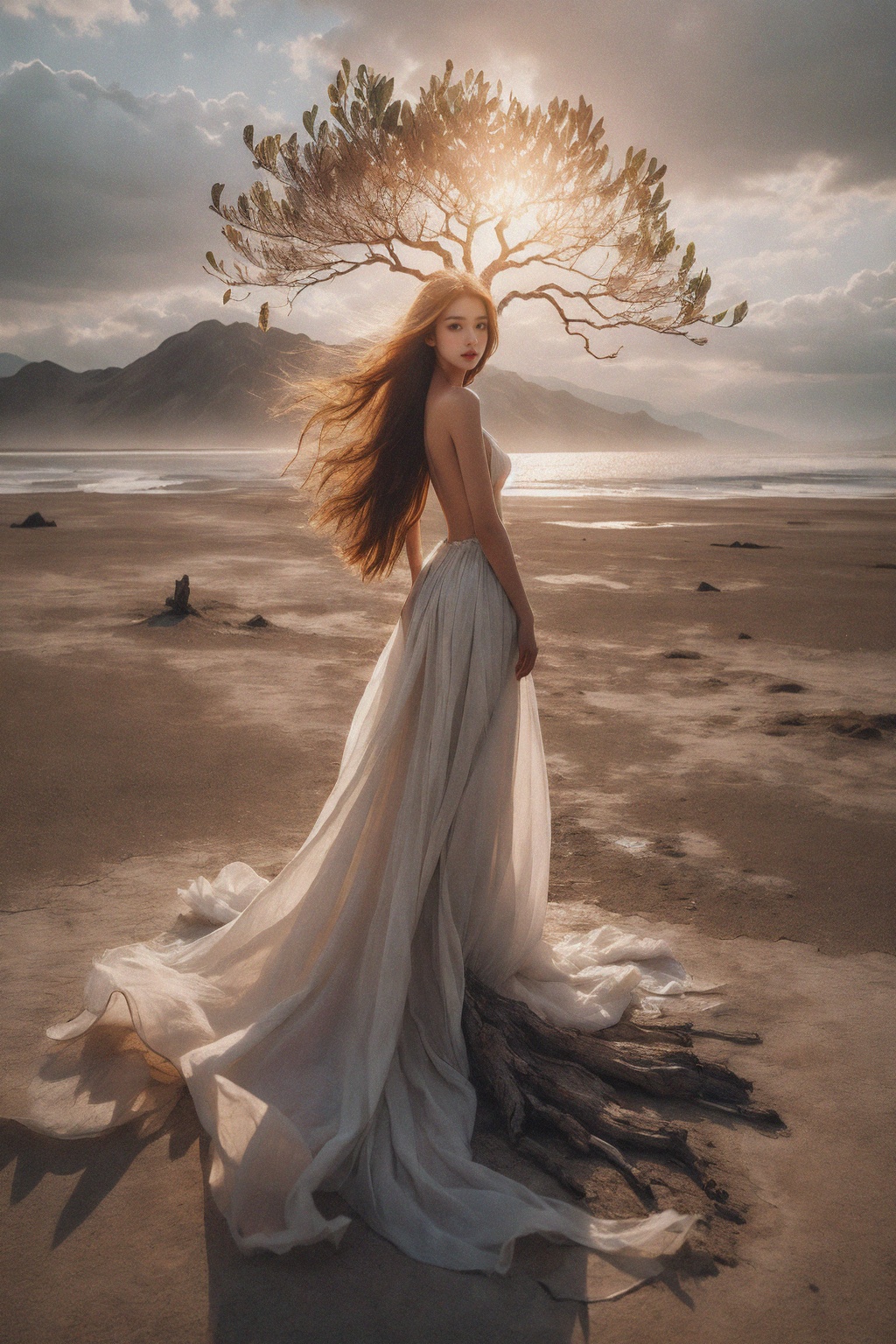 1girl,<lora:枯枝1:0.8>,This picture depicts a surrealistic image of a woman blending with natural elements. A woman stands in the water,her back and hair gradually turning into branches and twigs of a tree,<lora:天涯海角:0.5>,