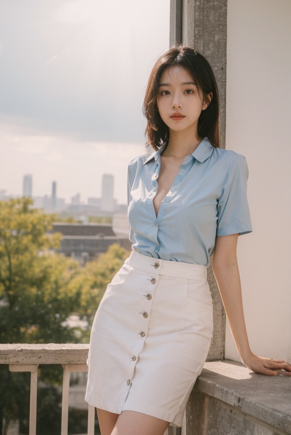 best quality,masterpiece,ultra high res,looking at viewer,simple background,huge breasts,1girl,<lora:KODAK MAX800_lora:0.8>,pencil skirt,button-up shirt,classic pumps,morning glow,pastel sky,cool tones,sun rays,soft light,peaceful atmosphere,early morning serenity.,