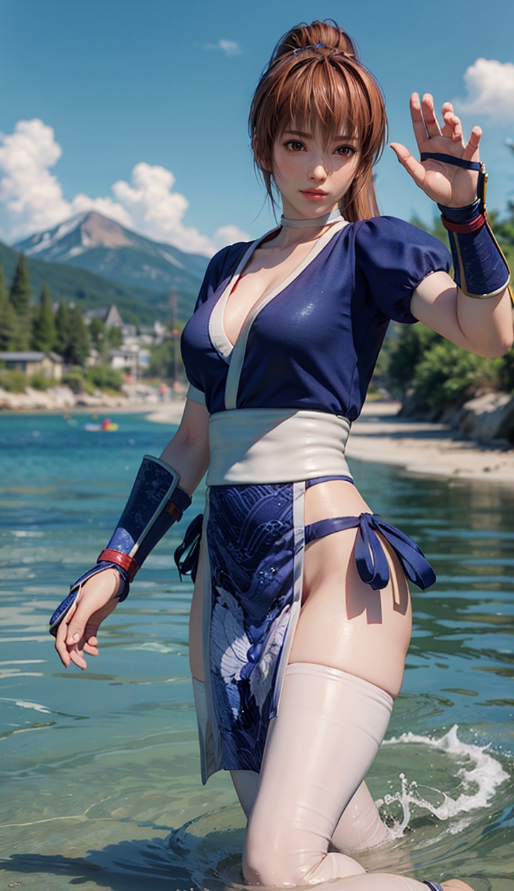 kasumi,1girl,solo,medium breasts,closed mouth,Best quality,masterpiece,ultra high res,high quality,8k,wallpaper,fine lineart,highly detailed,absurdres,(perfect fingers:1.1),(perfect hands:1.1),<lora:kasumisuit4r-000005:0.75>,front view,pelvic curtain,arm guards,shin guards,<lora:add_detail:0.3>,(water:1.1),(wading:1.1),looking at viewer,(blush:1.2),upper body,(waving:1.1),