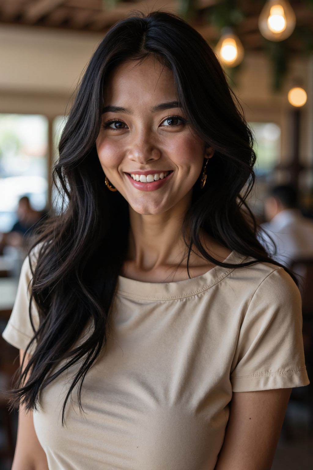 This is a  beautiful photograph of a woman, black hair cascading over her shoulders. She is wearing a boatneck dress, Standing in a cafe. Looking at the viewer. Smile.