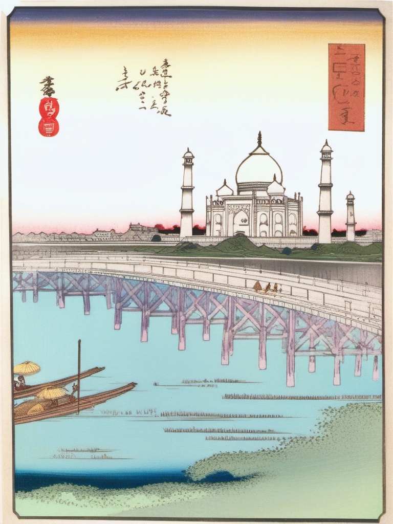 Xgechuanguangchong, Taj Mahal rendered in ukiyo - e technique. White marble in pink - white and pale blue layers, domes inlaid with gold star - moon motifs. Yamuna River reflects the structure. A boatman in conical hat wears a kimono - like robe. Agra Fort in lavender hues in the background, creating a dreamy atmosphere.