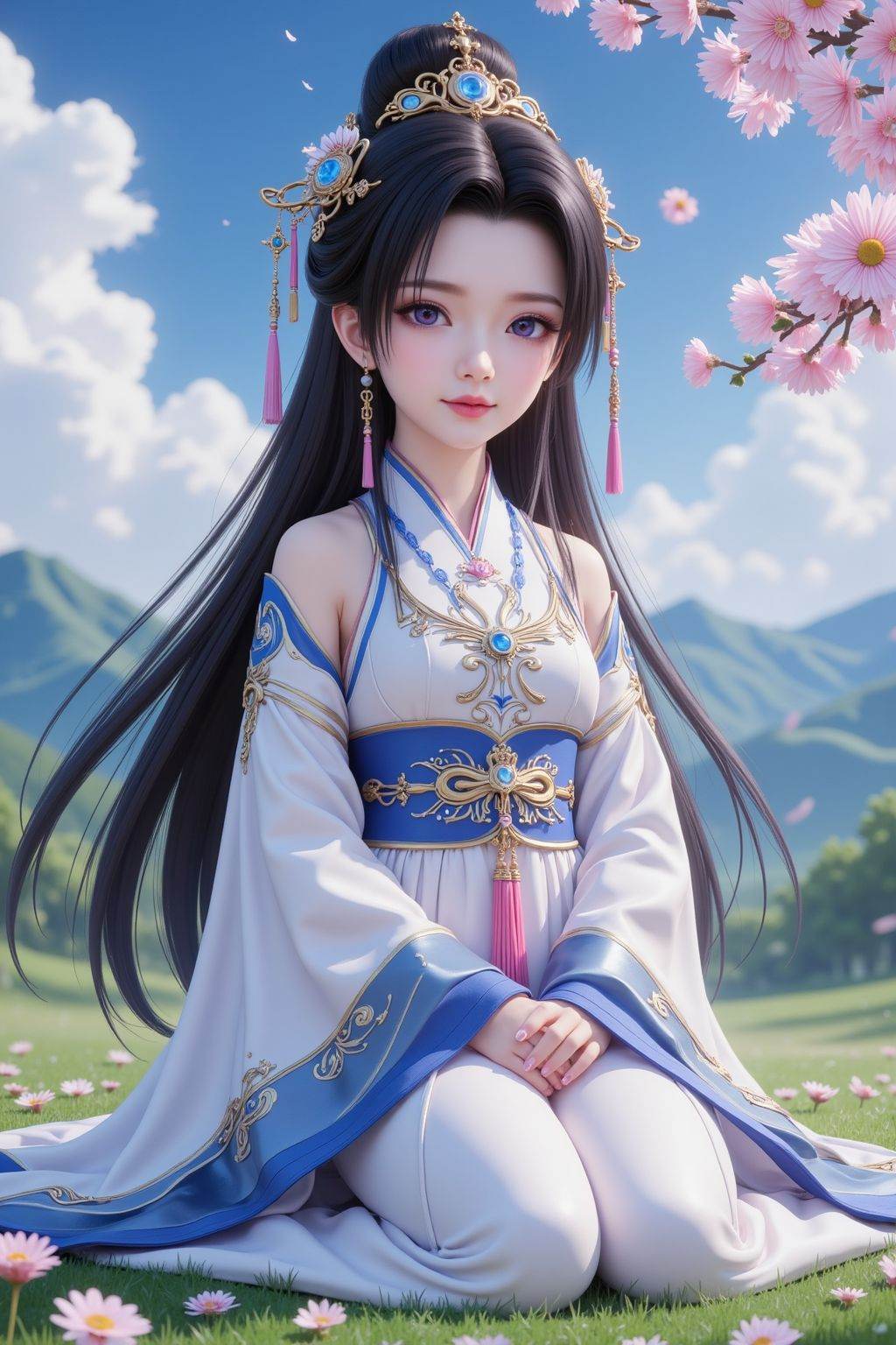The image features a girl, The character has long, flowing black hair adorned with an intricate golden hairpiece that includes blue gemstones and pink tassels. The eyes are large and purple, with long, black eyelashes, and the expression is calm and gentle. The character is dressed in a traditional Chinese Hanfu-style outfit. The robe is primarily white with blue and gold accents. The sleeves are wide and blue at the cuffs, with golden trim. The bodice and the central panel of the robe are decorated with floral patterns in blue and pink. The waist is cinched with a blue sash that has a golden clasp and tassel. The background is a picturesque outdoor scene with a clear blue sky, fluffy white clouds, and a range of green mountains in the distance. The ground is covered in green grass, and there are numerous pink daisies scattered around, some in full bloom and others fallen to the ground. On the right side of the image, there is a branch of cherry blossoms with pink flowers. The overall atmosphere is serene and beautiful, evoking a sense of traditional East Asian aesthetics.,