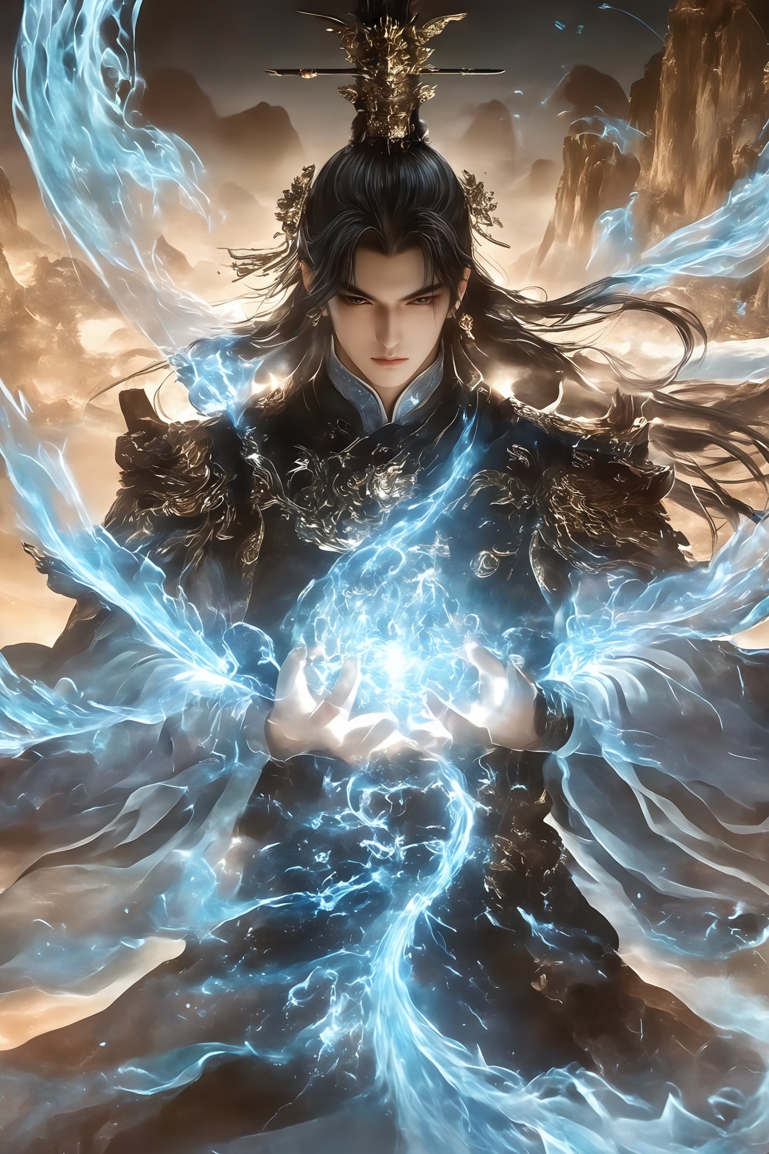 renzu,The image depicts a character with long, flowing black hair adorned with an intricate headpiece. The character is dressed in elaborate, ornate armor that features a combination of dark and metallic tones, with intricate designs and patterns. The character is surrounded by swirling, ethereal blue energy that appears to be emanating from their hands, creating a dynamic and mystical atmosphere. The background consists of a misty, mountainous landscape, adding to the overall sense of otherworldly power and grandeur.