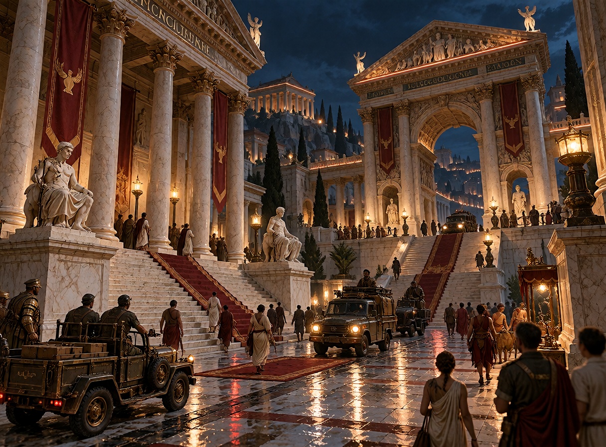 Wide nighttime view of a monumental Roman forum with classical temples,  a triumphal arch,  statues and broad imperial ste...