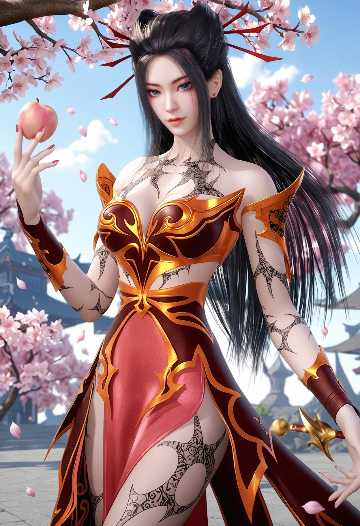 (full_body:1.2),(looking_at_viewer:1.4),fantasy,dreamlike,Pastel Colors,hyper realistic,southeast asia,aestheticism,beautiful detailed sky,chinese mythology,wonderland,peach blossom,falling petals,smog,yunxia,<lora:YQ_li光辉v5_焰灵姬_V2:0.8>,1girl,solo,q1528437228black_hair,long_hair,tattoo,hair_ornament,bare_shoulders,breasts,dress,blue_eyes,armor,cleavage,hair_bun,realistic,nail_polish,red_lips,black_eyes,hair_stick,brown_hair,red_dress,jewelry,earrings,