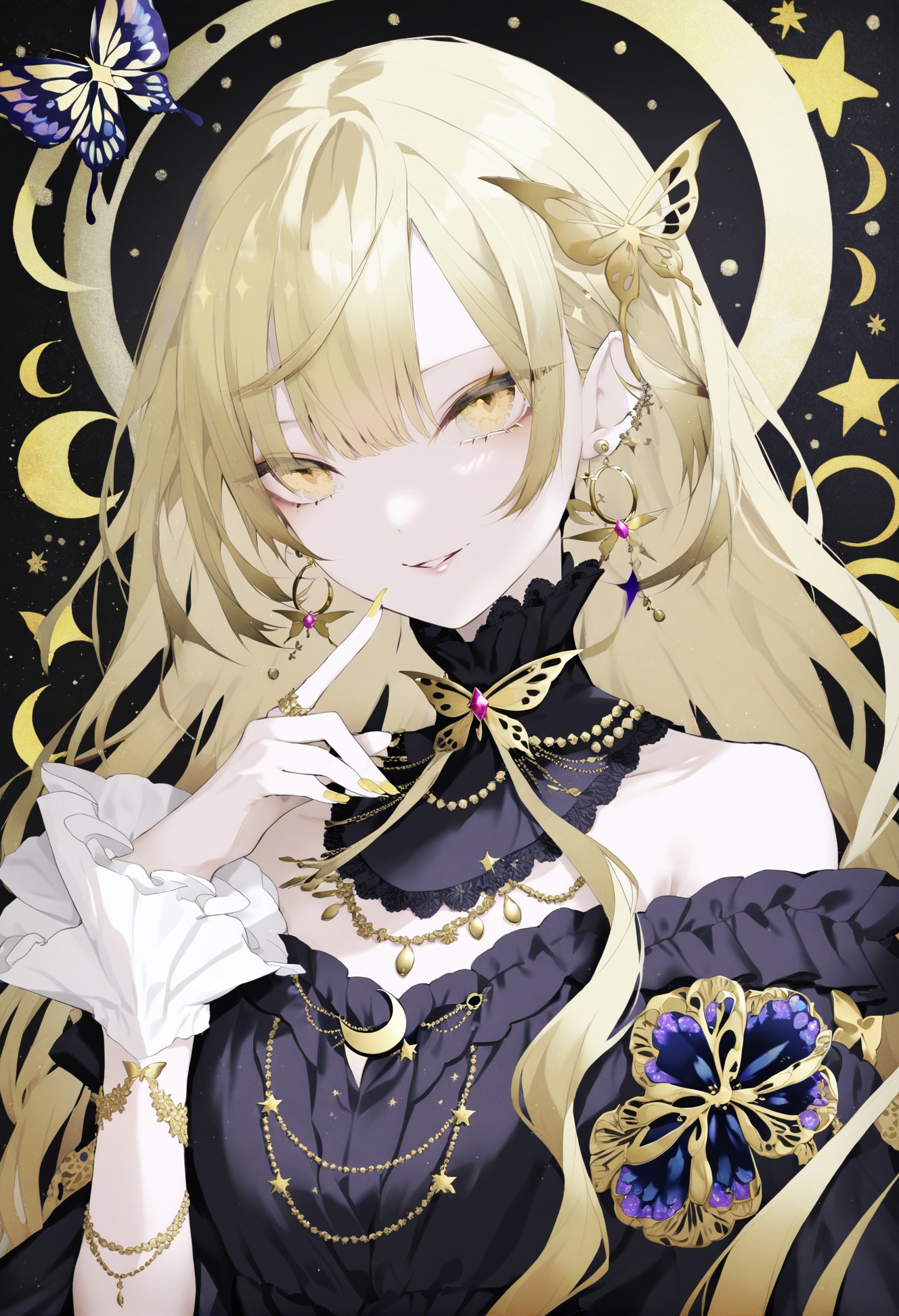 masterpiece, best quality,1girl,   solo, yellow eyes, jewelry, blonde hair, earrings, yellow theme, long hair, yellow nails, bangs, looking at viewer, star \(symbol\), parted lips, crescent, hair between eyes, sparkle, eyelashes, bare shoulders, gem, butterfly, bug, sidelocks, frills, swept bangs, diamond \(gemstone\), fingernails, butterfly brooch, parted bangs, magical girl, finger to own chin, smile, crescent earrings, collarbone <lora:kotrou020XLlokr8f-000180:0.95>