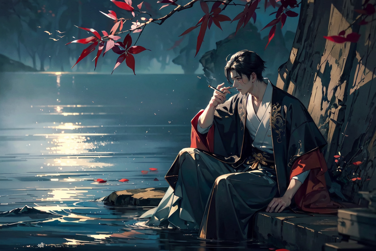 (masterpiece:1.2),best quality,PIXIV,Hanama wine, 1boy, black hair, male focus, solo, sitting, long sleeves, water, robe, short hair, smoking, ripples, chinese clothes, cigarette, black robe<lora:Hanama wine V2-000018:0.8>,