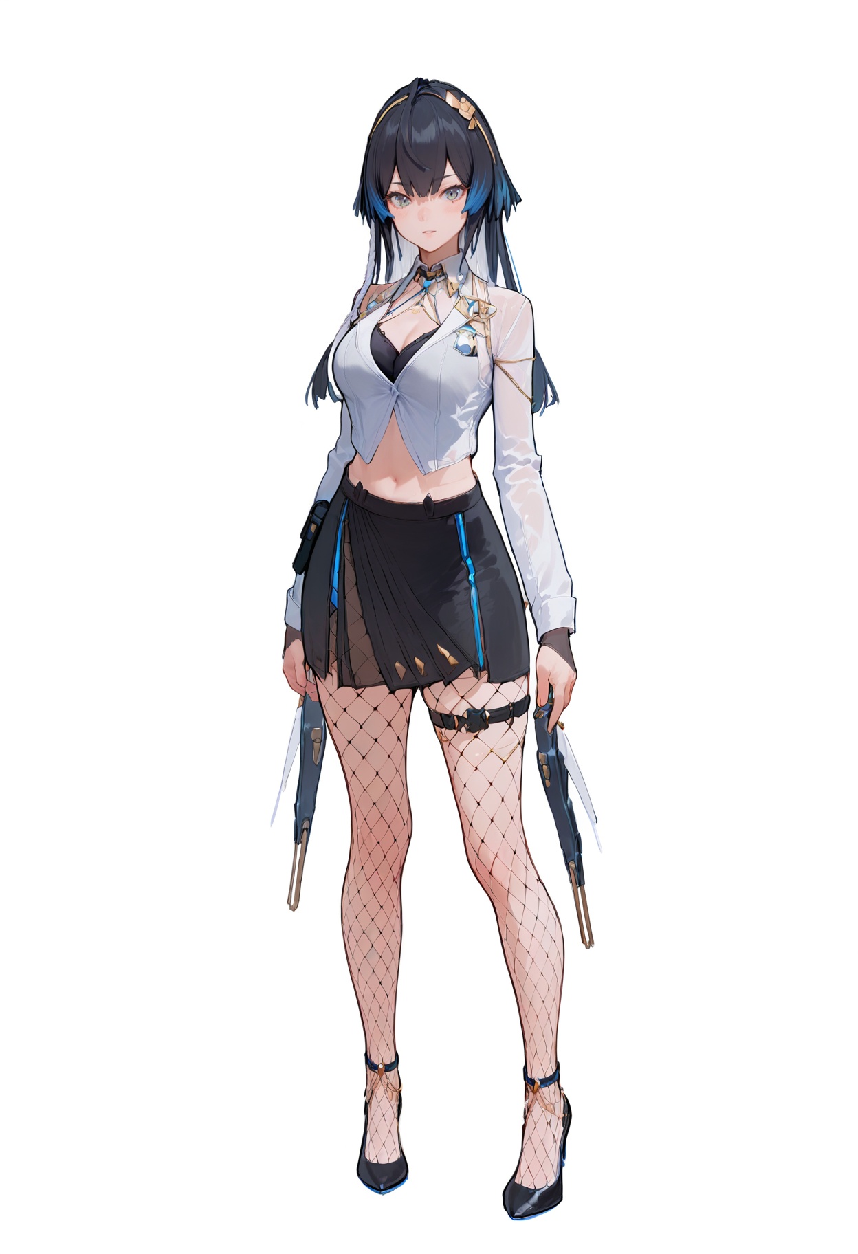 ASCII score_9, score_8_up, score_7_up, score_anime, 8k, best quality, masterpiece, (ultra-detailed), white background, full body, standing, looking at viewer, <lora:Katya-pony-Tanger:0.8>, Katya, 3rd clothes, mishu, 1girl, fishnets, skirt, breasts, black hair, multicolored hair, black skirt, long hair, high heels, black panties, 