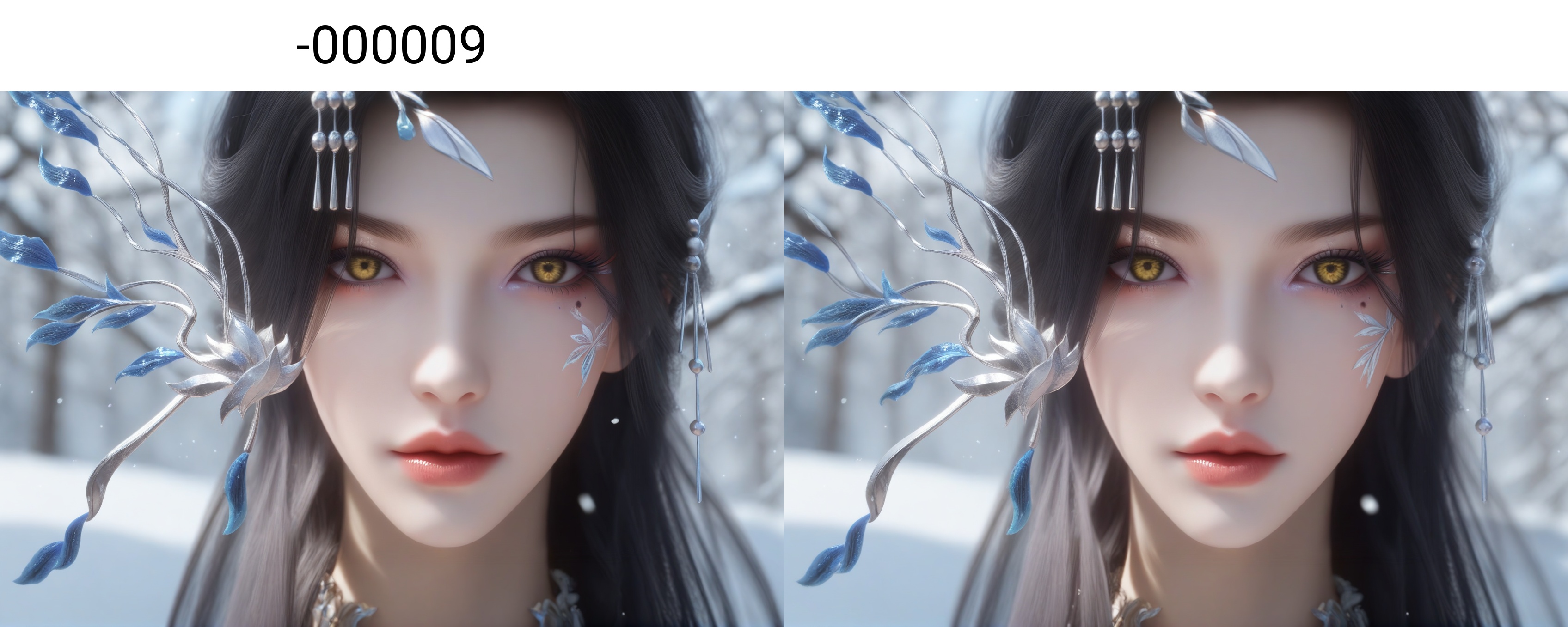 (score_9),portrait,(close-up),solo focus,(eye focus),<lora:云望舒-apony-000009:0.83>,yunwangshu,1girl,solo,yellow eyes,long hair,hair ornament,black hair,updo,hair bun,mole under eye,eyeshadow,makeup,<lora:Expressive_H-000001:0.8>,front view,looking at viewer,<lora:e肤色滑块:0.35>,fair_skin,(pale_skin),(white_skin),light skin,ultra-detailed skin texture,detailed textures,BREAKsimple background,in snow,Tyndall effect,available light,depth of field,tree,snowflakes,branch,twig,4K ultra HD,sharp focus,high detail,natural lighting,high contrast,<lora:e色温:0.3>,