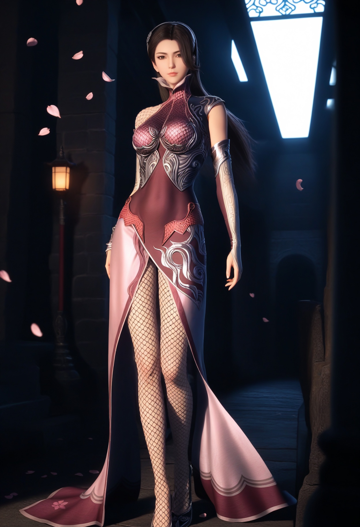 masterpiece,best quality,amazing quality,very aesthetic,high resolution,ultra-detailed,absurdres,scenery,photorealistic,(looking at viewer:1.1),(Dark room:1.3),(moody lighting:1.1),peach blossom,falling petals,(large breasts:0.8),tianyan,1girl,solo,long hair,black hair,armor,brown eyes,brown hair,hair ornament,bodysuit,fishnets,fishnet pantyhose,dress,gloves,black eyes,high collar,hairband,elbow gloves,high heels,full body,standing BREAK photorealistic details,<lora:QQSilltianyanV1:0.8>,