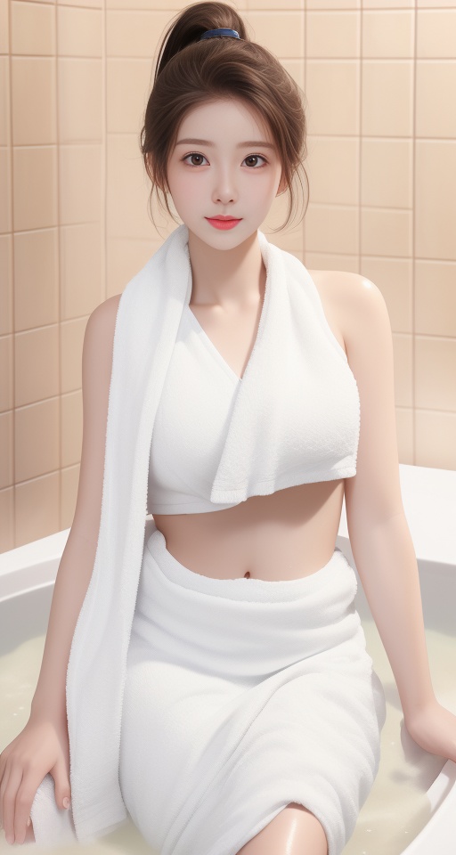 <lora:baipifu:1>,(((white skin))),1girl,breasts,solo,navel,looking at viewer,ponytail,long hair,brown hair,((shiny skin)),(((bath towel))),
