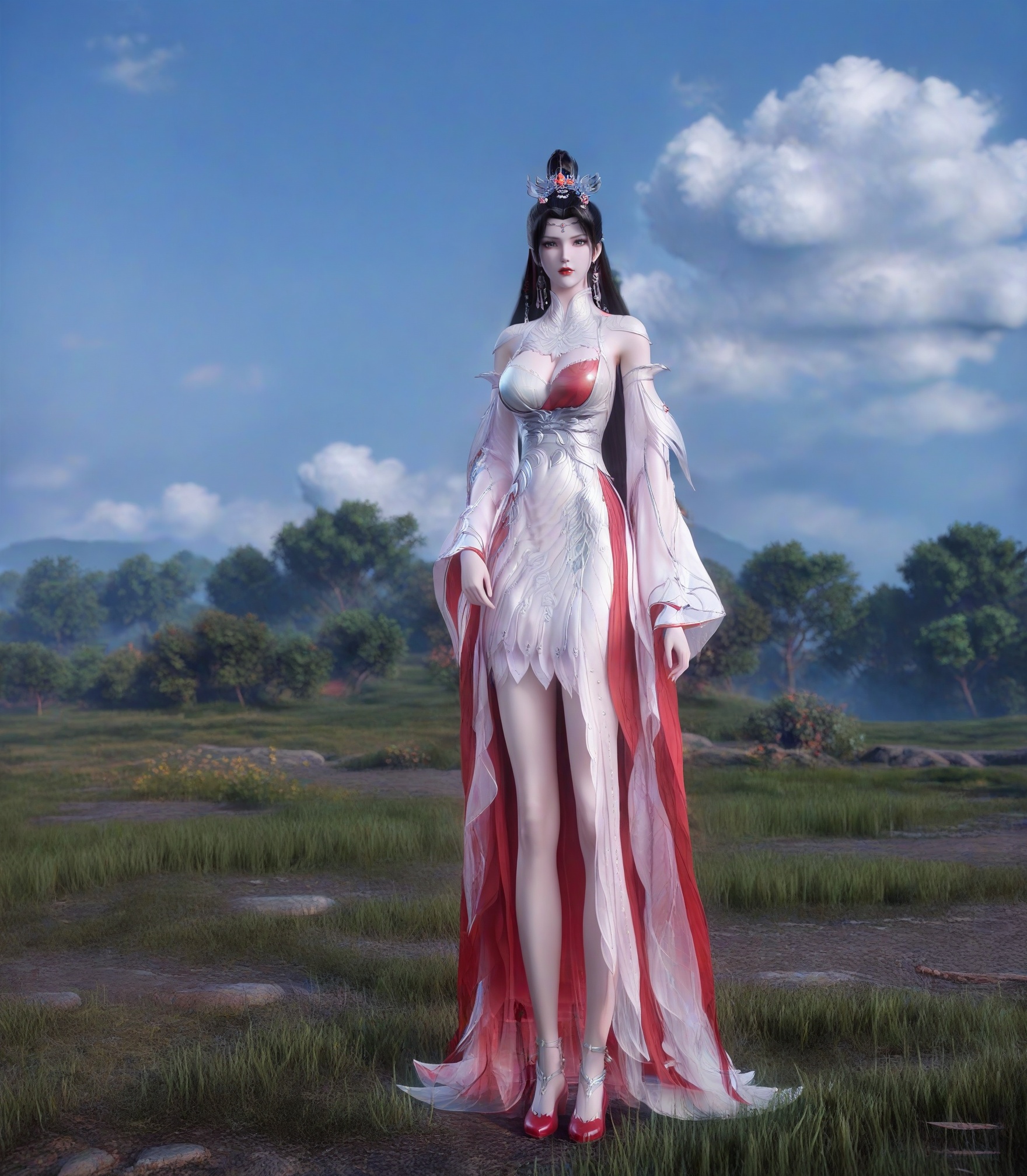score_9,1girl,solo,hair ornament,long hair,dress,hair bun,enchanting expression,breasts,large breasts,detached sleeves,prink dress,lipstick,eyelashes,grass,black hair,looking at viewer,white background,simple background,full body,red cloth shoes,flat shoes,<lora:SF_LiuMeiSecondClothes81~86_Pony_Realism2.3-000004:0.72>,The blue sky and white clouds,