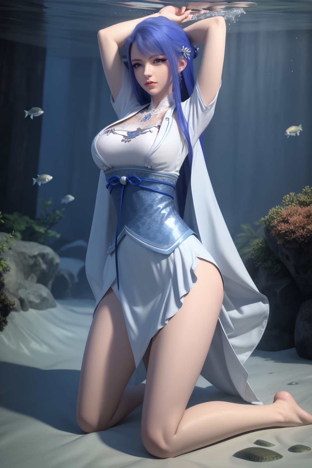 1girl,underwater,submerged,floating hair,air bubble,holding breath,see-through,masterpiece,best quality,highly detailed,fish,(wide hip:1.2),jellyfish,earrings,hair ornament,sea weed,coral reef,shark,sea turtle,sexy pose,kneeling,chinese dress,chinese clothes,big breasts,(looking at viewer:1.2),black pantyhose,arms up,torn pantyhose,blue hair