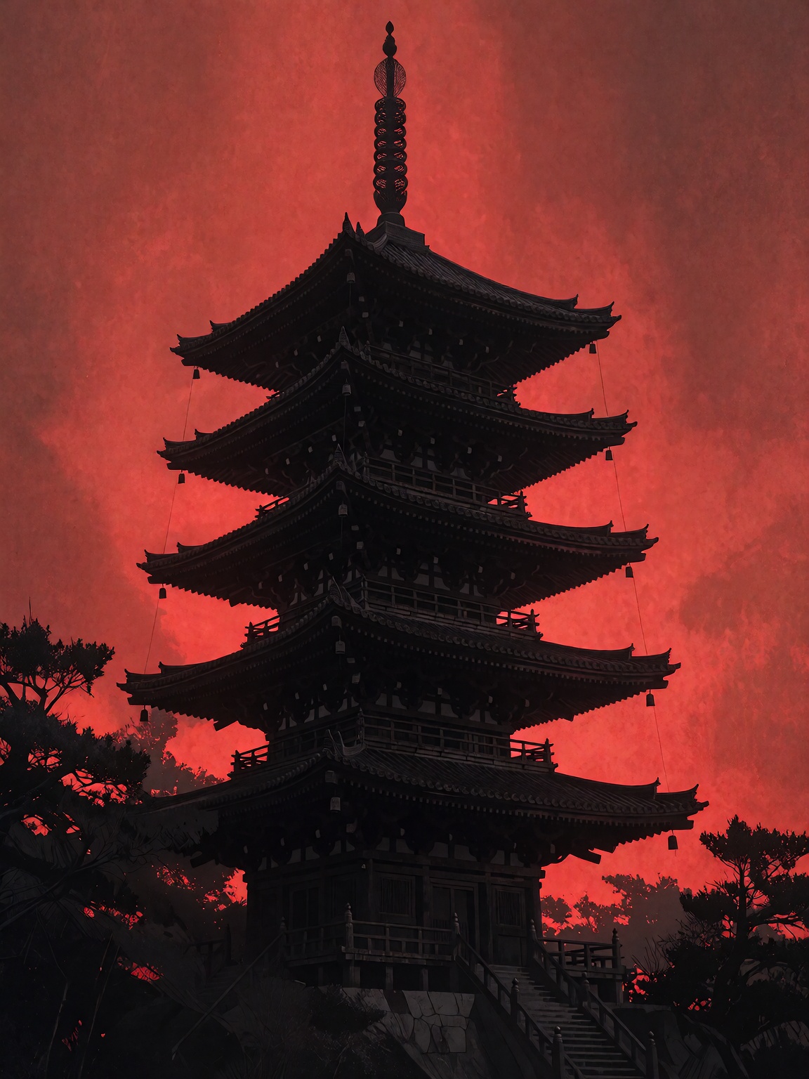 A starkly silhouetted black pagoda rising above dark trees against an intense,  glowing crimson red background. The toweri...