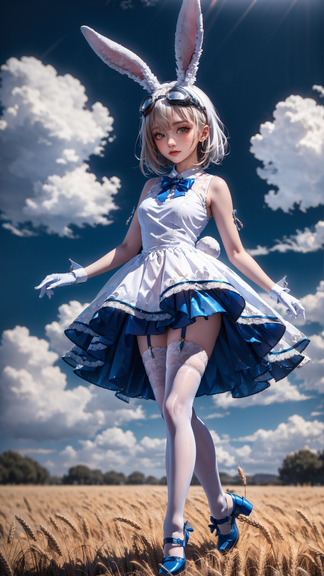 tutututu,1girl,solo,rabbit ears,white dress,white gloves,blue footwear,goggles on head,sleeveless dress,bangs,blue bow,white hair,short hair,white thighhighs,<lora:SY-000010:0.65>,best quality,masterpiece,beautiful,1girl,walking,(smiling:0.7),stormy clouds,blue sky,wheat field,cinematic lighting,