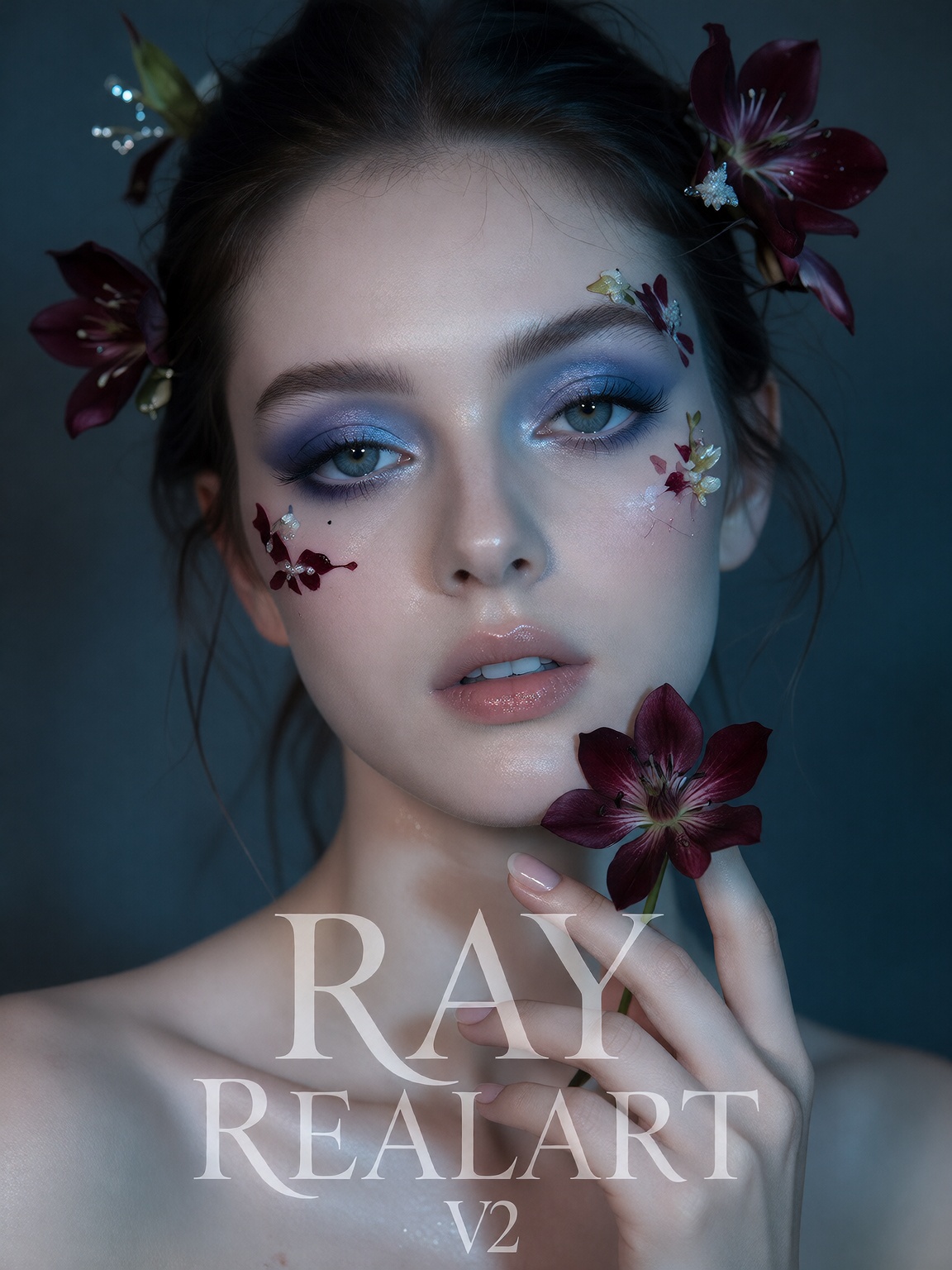 Create a studio portrait of a woman with pale skin,  intense makeup,  and floral elements. The subject has striking on Ten...