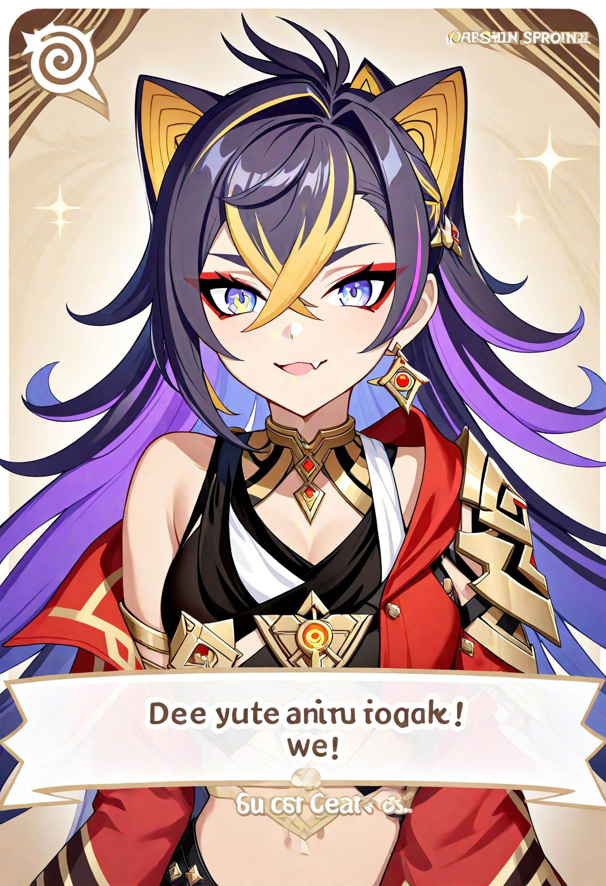 1girl, dehya \(genshin impact\), genshin impact,  chest armor, smile, black **** top, animal ears, blonde hair, purple eyes, jewelry, crossed bangs, long hair, fang, two-tone background, white background, necklace, alternate costume, **** top, hair ornament, fake animal ears, jacket, red jacket, cat ears, english text, skin fang, streaked hair, hair ears, looking at viewer, purple hair, multicolored hair, antenna hair, eyelashes, brown background, solo, two-tone hair, masterpiece, best quality, absurdres, safe