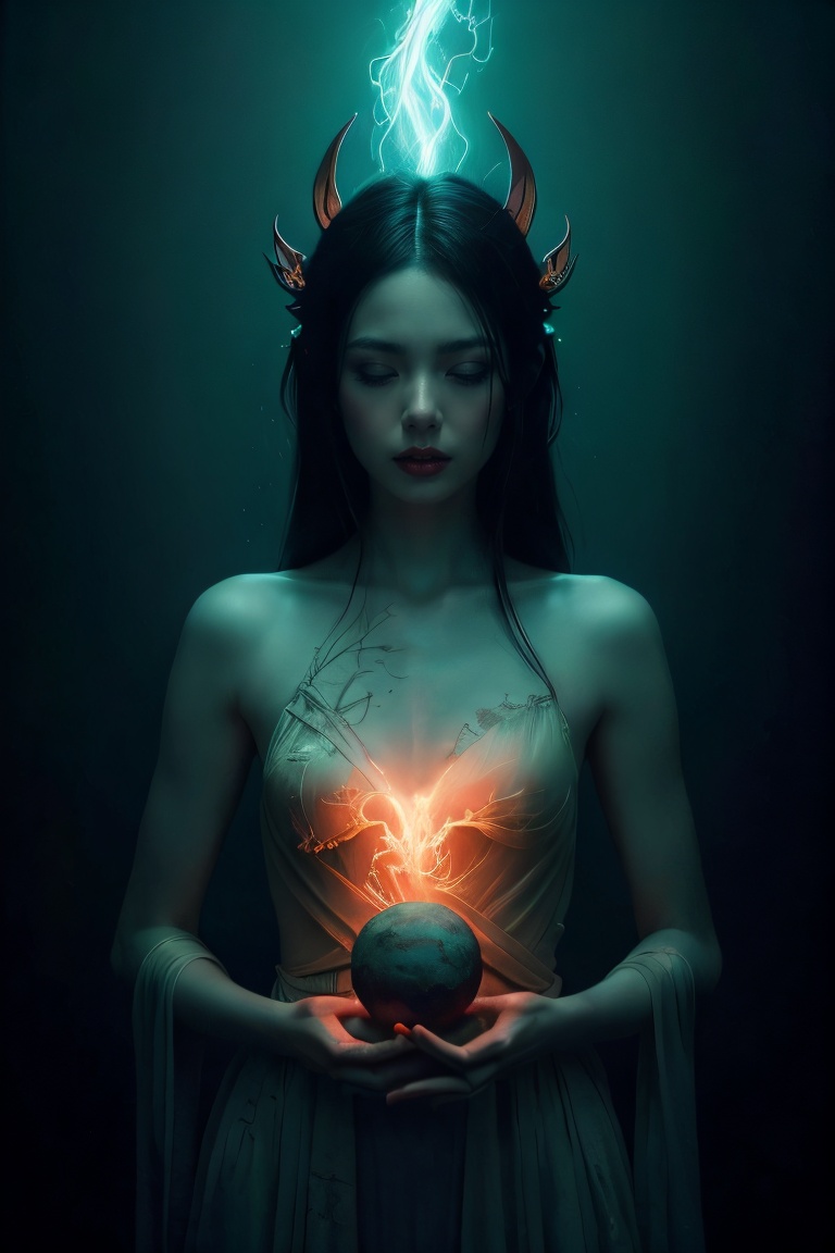 Female figure cradling earth,  blending Miko Lim's dark ethereal aesthetic with Tomasz Alen Kopera's surreal pastel tones,...