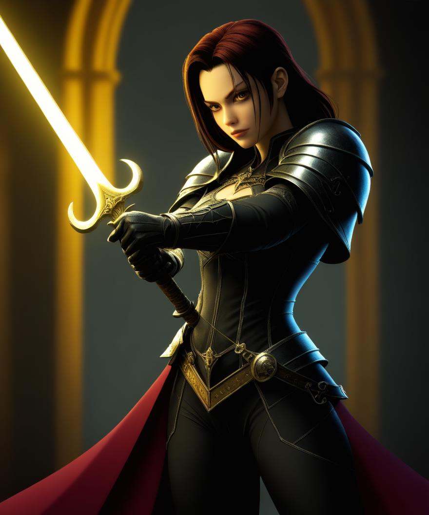 (anime, cel shading:2.0), upper body, woman, hand, fantasy, horror \(theme\), dim lighting, backlighting, gothic architecture, action, holding sword, ornate sword, glowing sword, determined, serious, disdain