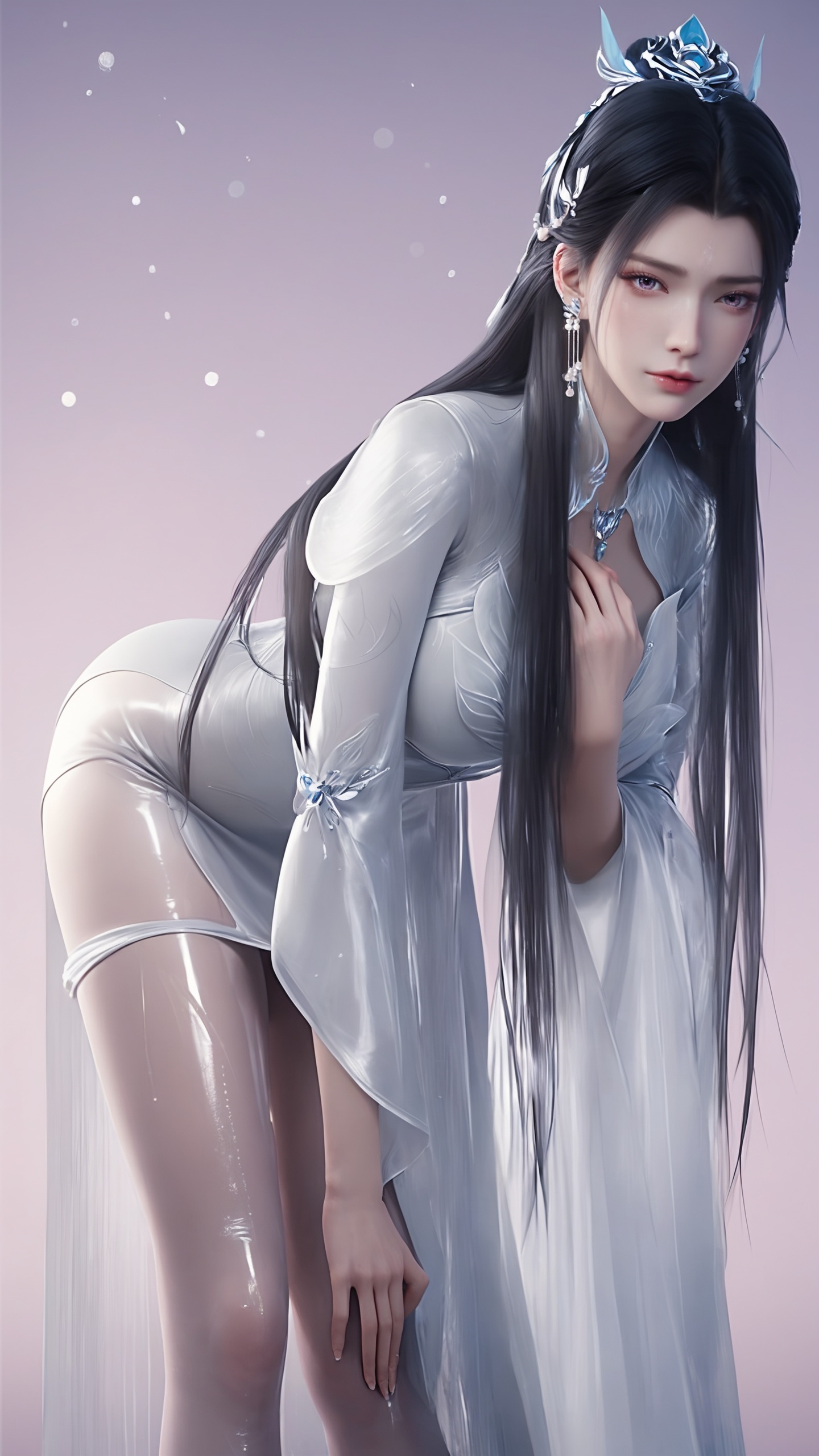 score_9,score_8_up,score_7_up,<lora:陆雪琪-吐司:0.8>,<lora:Pony_DetailV2.0:0.8>,<lora:皮肤凹痕:0.4>,Jlxq,1 girl,solo,long hair,black hair,hair accessories,dress,jewelry,earrings,indoor,white dress,simple background,stand,silver point-toe pumps,long legs,shiny_skin,oil,posing,pink gradient background,purple gradient background,bent_over,looking_at_viewer,big breasts,full_shot,very long legs,pantyhose_pull,light effect particles,color light and shadow,color light,hair covering chest,hair covering cleavage,