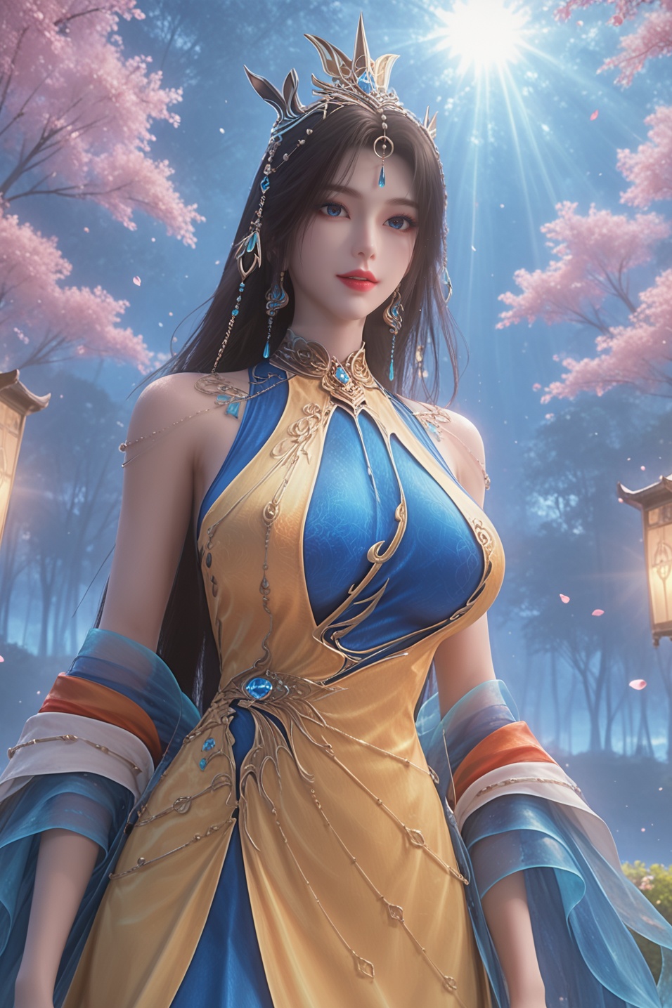 huangnv,<lora:huangnvXL:0.8>,depth of field,(Extremely exaggerated huge breasts:1.2),looking at viewer,long hair,(smile:0.7),(parted lips:0.7),(open mouth:0.7),shiny skin,pale skin,standing,garter_straps,suspenders,thighhighs,legs apart,dress,looking at viewer,stretchy compression fabric,sleek athletic cut,bold color contrast,functional yet stylish,extremely detailed cg 8k wallpaper,cold color,score_9,score_8_up,score_7_up,(masterpiece, best quality, ultra-detailed, absurdres:1.4),8k resolution,32K UHD,ultra-high resolution,sharp focus,highly detailed,masterful details,in the style of fashion photography,with a high-end texture,(Dynamic Angle:1.2),(dynamic pose:1.2),Dynamic cinematic lighting,dramatic shadows,lim lighting,soft volumetric rays,god rays,chiaroscuro,contrasting light and shadow,neutral white balance,color-balanced,vivid colors,well-balanced contrast,desaturated yellows,reduce yellow cast,crisp details,outdoors,A dreamy Japanese garden at midnight,petals of cherry blossoms gently falling in slow motion,soft pink and lavender hues blending with cool blue moonlight,her silhouette barely visible through the swirling petals,backlit by a glowing lantern. The atmosphere is ethereal,with shallow depth of field focusing on floating blossoms,ultra-detailed water droplets on leaves,