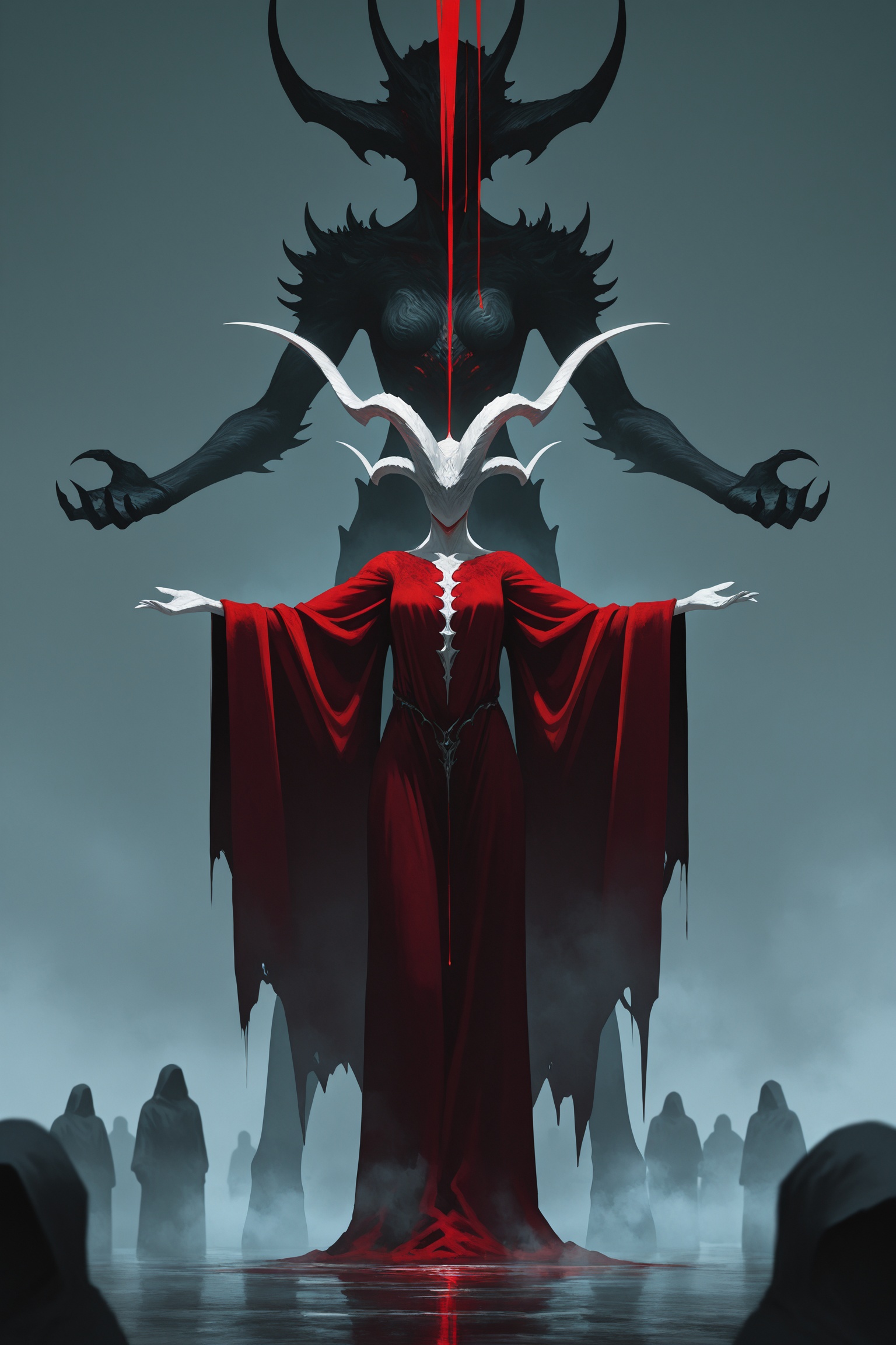 masterpiece,1girl,abstract,blood drip,demon claws,colored skin,huge white horns,monster,multiple others,no eyes,outstretched arms,red robe,fog,solo focus,standing,<lora:anato_finnstark_illust_v10-000015:0.8>,