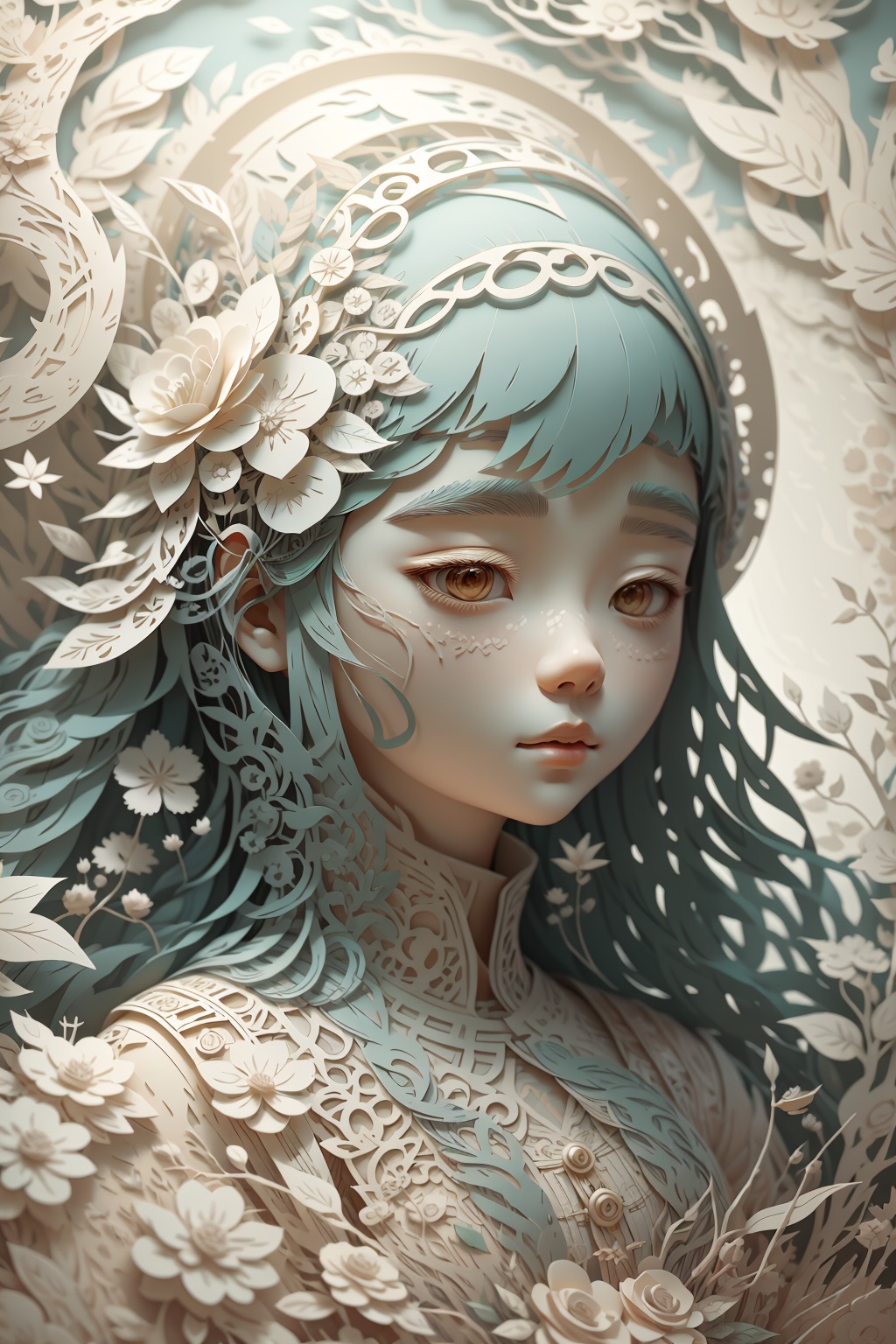 paper carving art,1girl,fantasy - inspired art,digital art wonders,solo,long hair,<lora:Paper carving art纸雕艺术:1.2>,Clean background,暖色,温暖的光线,