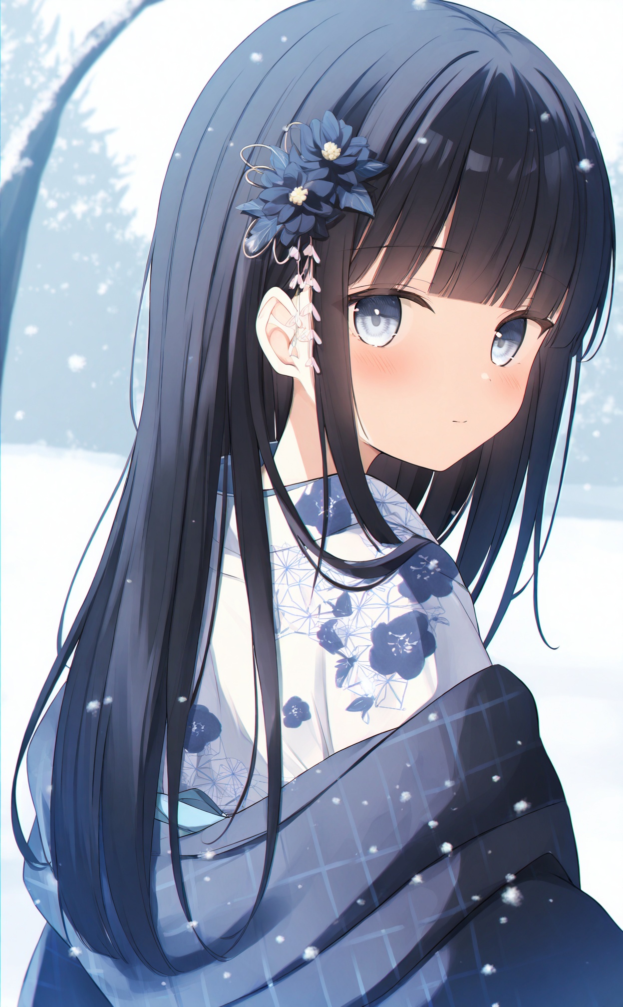 white_background,masterpiece,very aware,highres,absurdres,newest,best quality,loli,petite,high quality,chromatic_aberration,loli,loli,//,1girl,japanese_clothes,solo,kimono,looking_at_viewer,long_hair,shawl,hair_ornament,black_hair,snow,floral_print,hair_flower,blush,flower,blue_eyes,white_kimono,outdoors,print_kimono,snowing,winter,blunt_bangs,grey_eyes,looking_back,closed_mouth,upper_body,day,sidelocks,straight_hair,//,//,<lora:千道センリ——【noob】hans:0.8>,