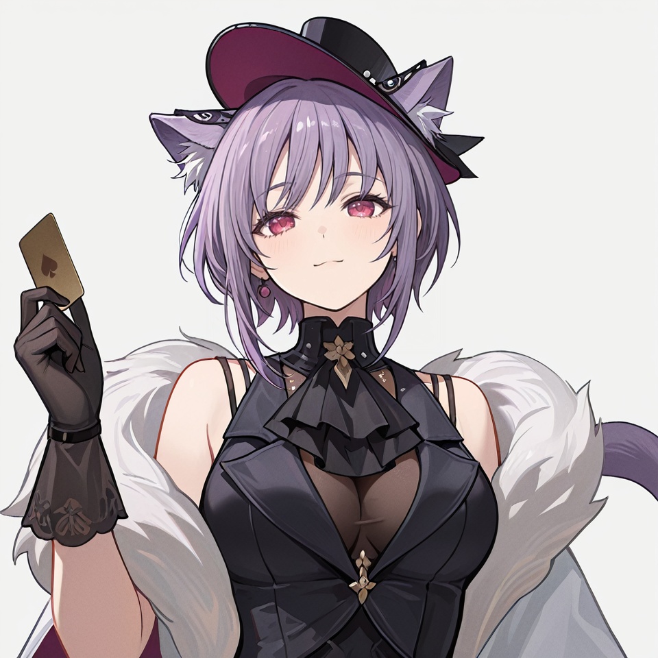 masterpiece, best quality,solo,(white background:1.2),simple background,1girl,looking at viewer,           Yuutenji Nyamu,short hair,purple eyes,red eyes,bangs,purple hair,breasts,skirt,thighhighs,gloves,hat, animal ears, jacket, tail,pantyhose,boots,sleeveless,black gloves,black footwear,high heels,black headwear,thigh boots,garter straps,top hat, card,<lora:舟喵-ill2:0.8>