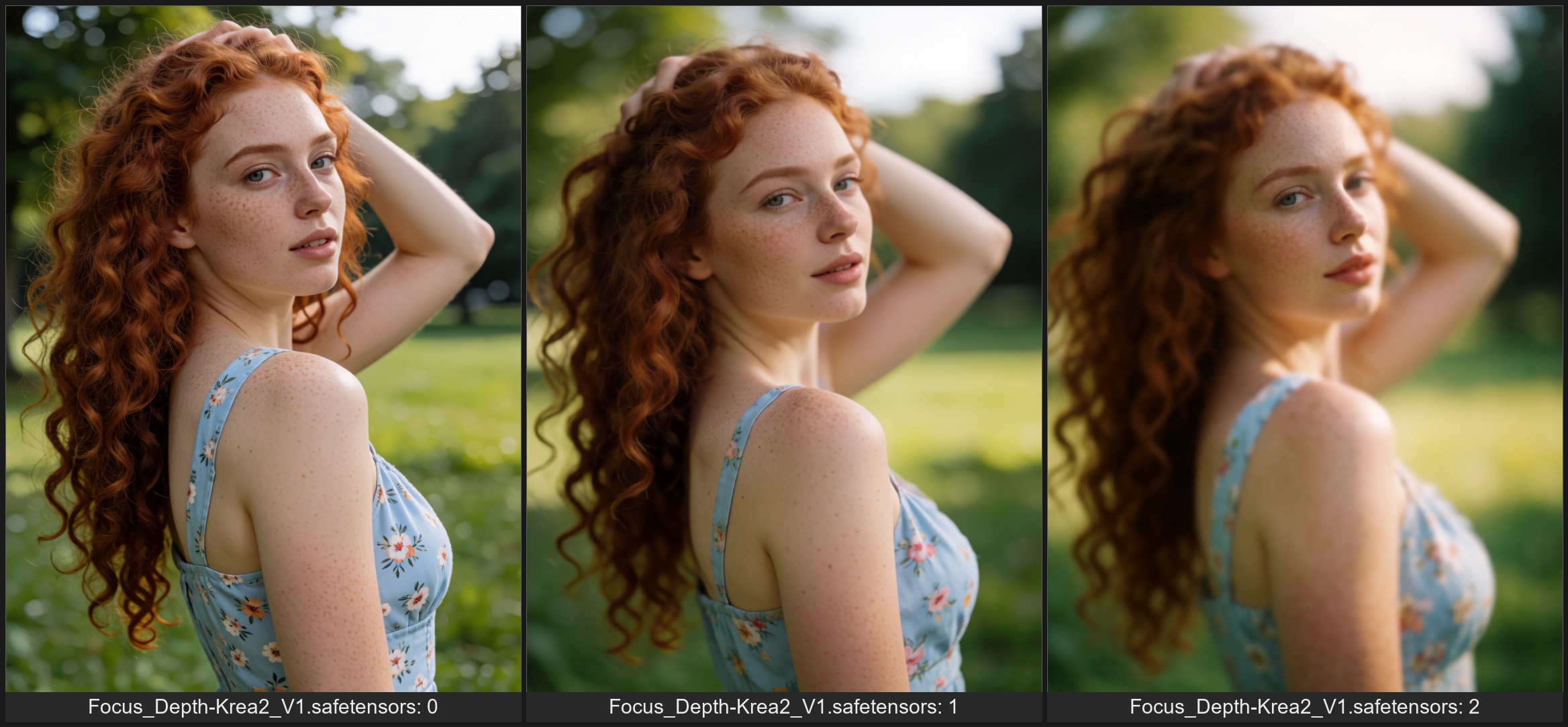 Photorealistic portrait of a young woman with long curly red hair and freckles on her face and shoulders. She is looking b...