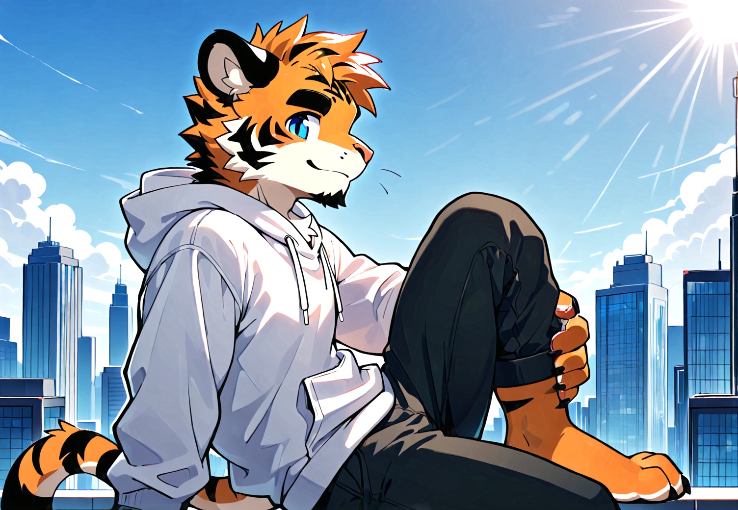safe_pos,furry male,male focus,solo,thick eyebrows,furry,tiger,cute,zoom in,close up,looking at viewer,from side,sunny,sitting,anthro,kemono,on top of a skyscraper,sitting on the edge,direct sun light,windy,thick eyebrows,facial hair,one knee up sitting position,outdoor,casual clothing,white hoodie,futuristic,colorful BREAK very aesthetic,masterpiece,very impressive background,best quality,high quality,absurd res,high detail,smooth drawing,<lora:电影工坊V3.0:0.6>,<lora:FURRY工坊β:0.6>,