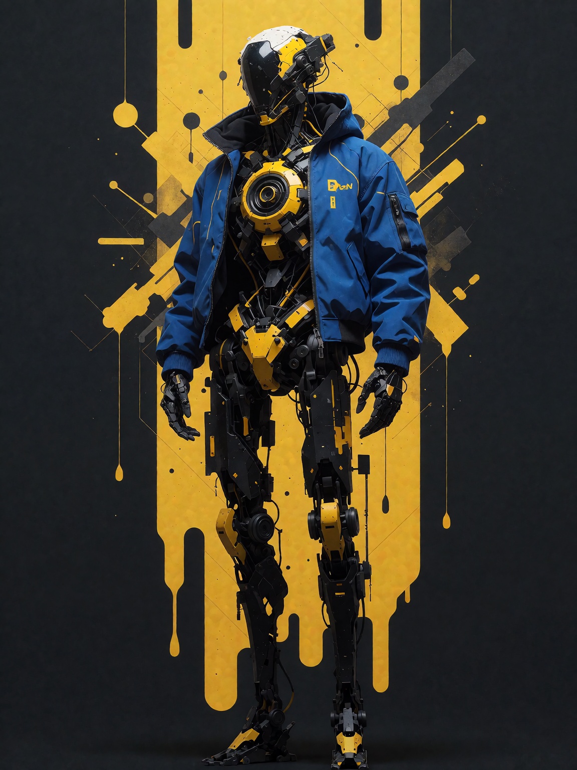 A surreal cybernetic humanoid stands against a dark charcoal background bisected by a dripping yellow geometric graphic. T...