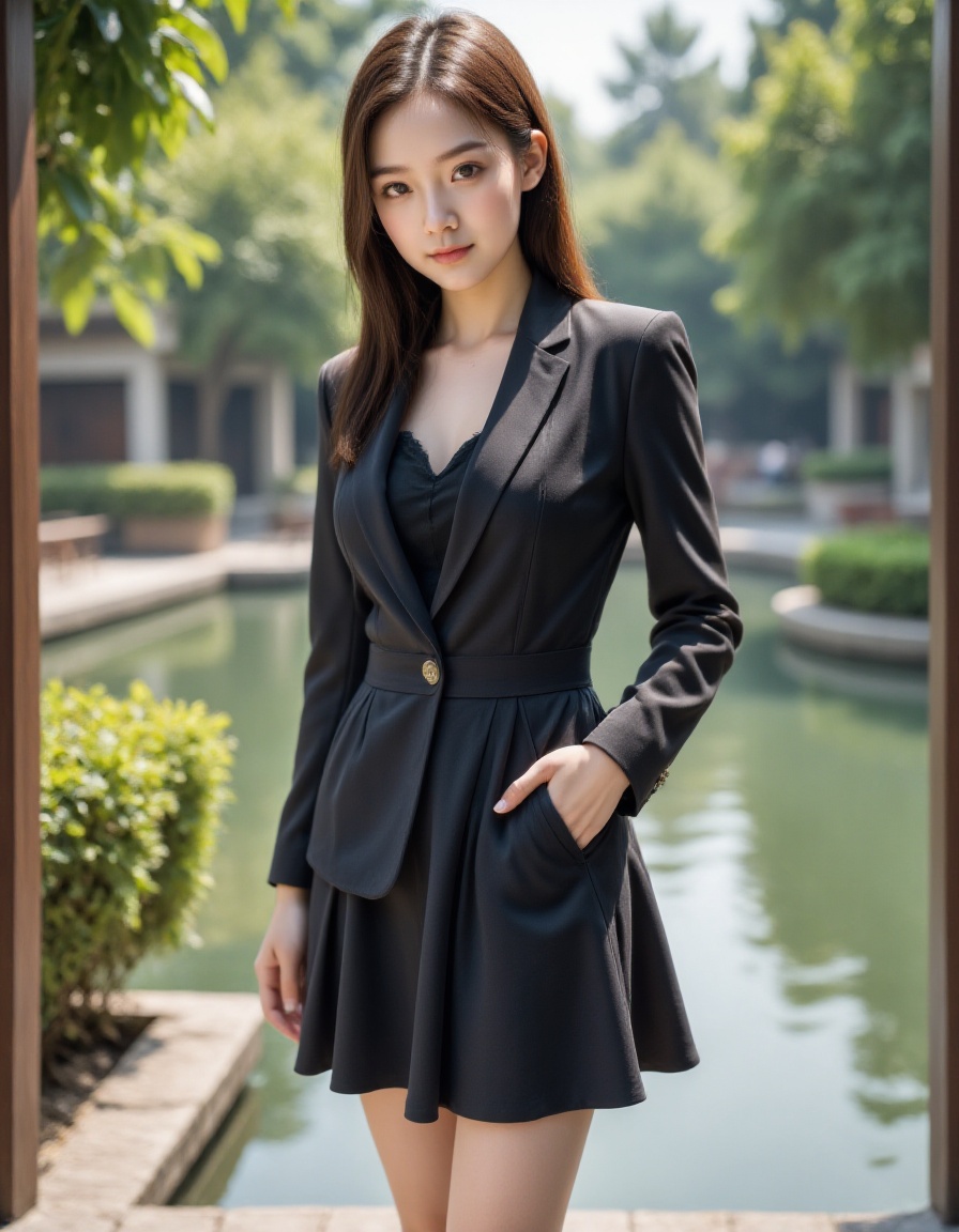HDR photo of 1girl,solo,realistic,real people,shiny skin,pale skin,suit,skirt,full body,outdoors, <lora:20250110_Again_Girl_F.1_6:1>