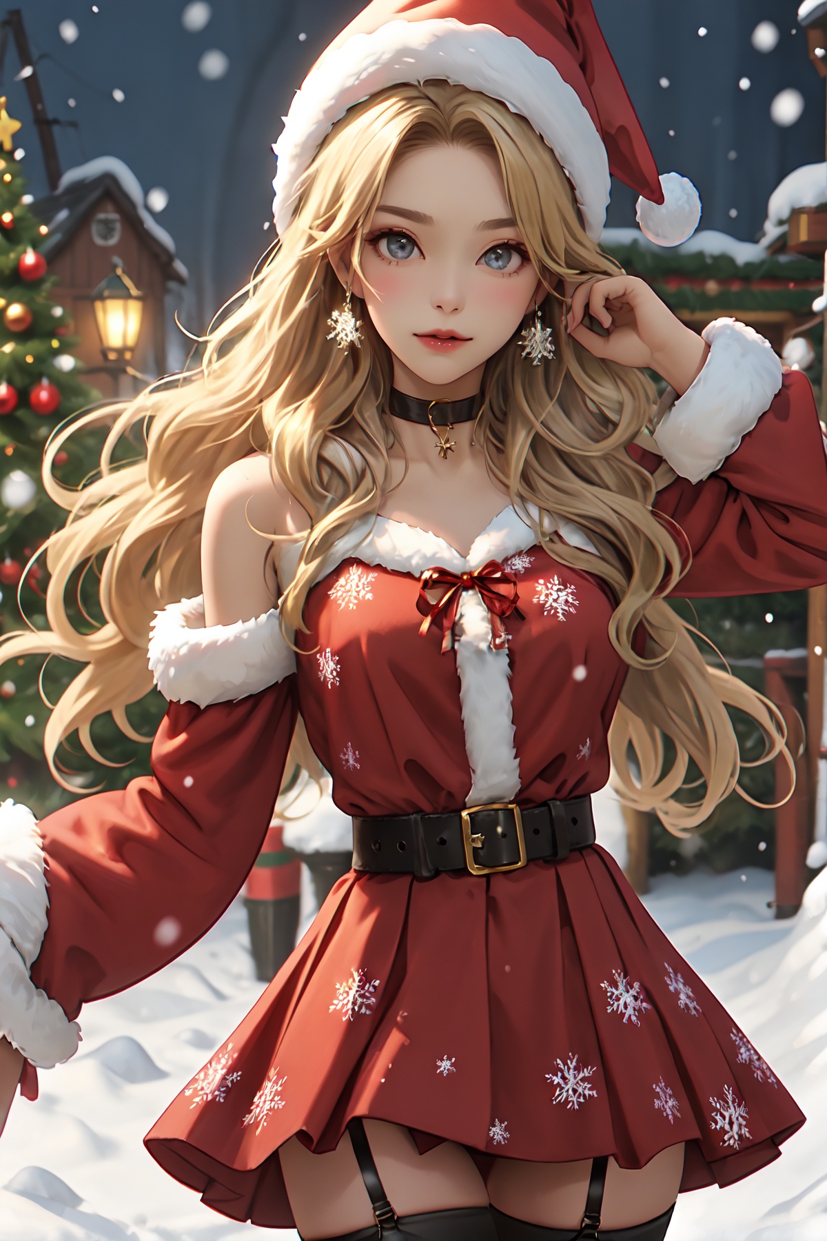 1girl,solo,hat,santa hat,long hair,looking at viewer,blonde hair,santa costume,skirt,choker,christmas,fur trim,jewelry,blurry,earrings,thighhighs,breasts,belt,fur-trimmed headwear,snowflakes,black choker,garter straps,red skirt,long sleeves,snow,red headwear,fur-trimmed sleeves,grey eyes,<lora:shengdan:0.4>,